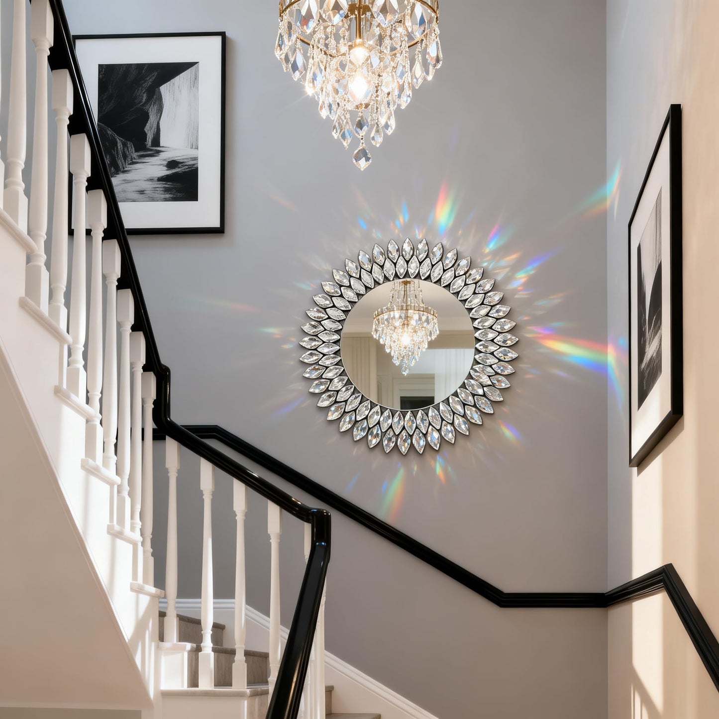 HMANGE Jeweled Luxury Crystal Diamond Round Wall Mirror, 24"x24" Decorative Wall Mirror, Crystal Vanity Mirror for Bathroom, Entryway, Living Room & Fireplace Decor
