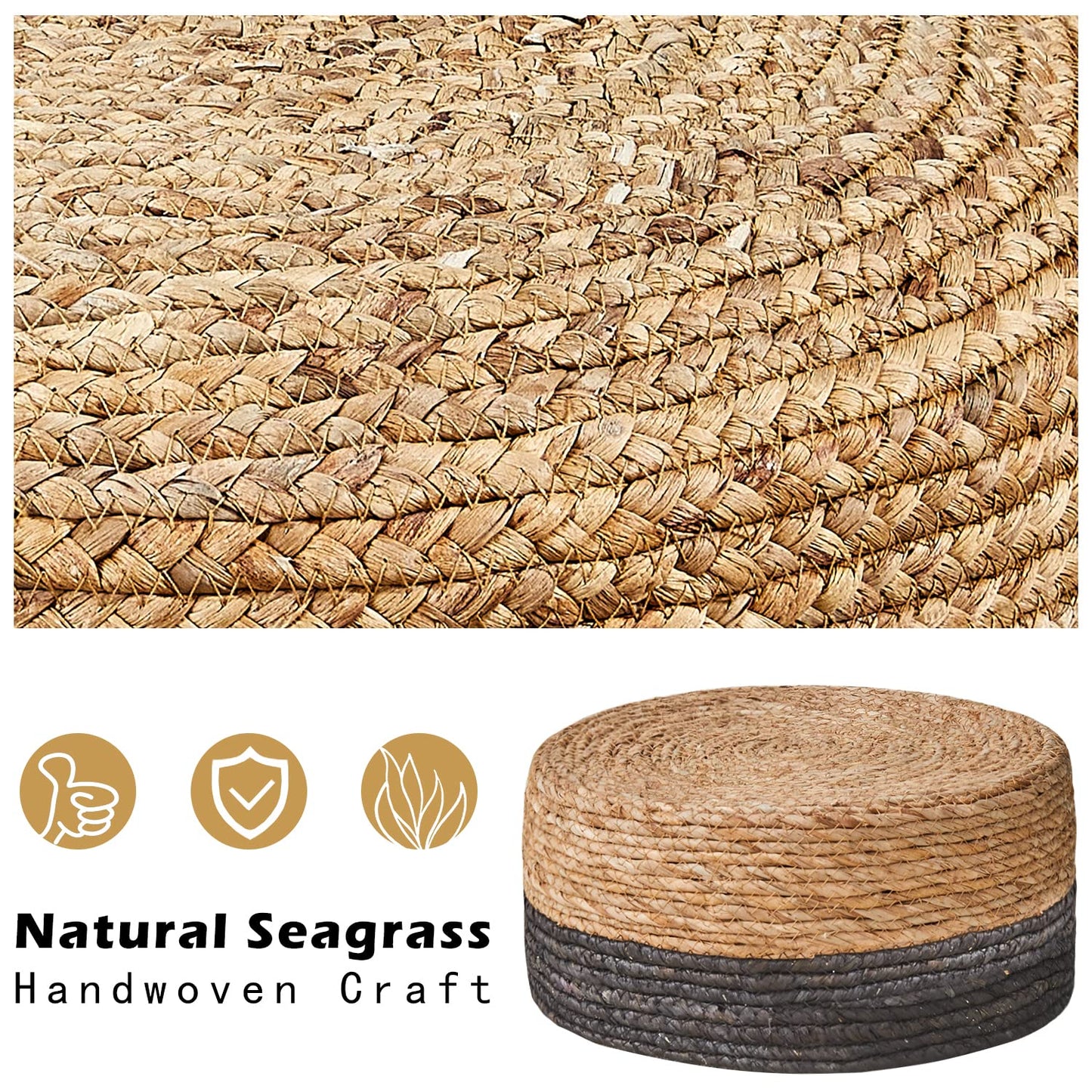 Cpintltr Ottoman Natural Seagrass Footrest Poufs Hand Weave Round Foot Stool for Couch Desk Soft Step Stool Padded Foot Rest with Pine Legs for Living Room Bedroom Natural/Black