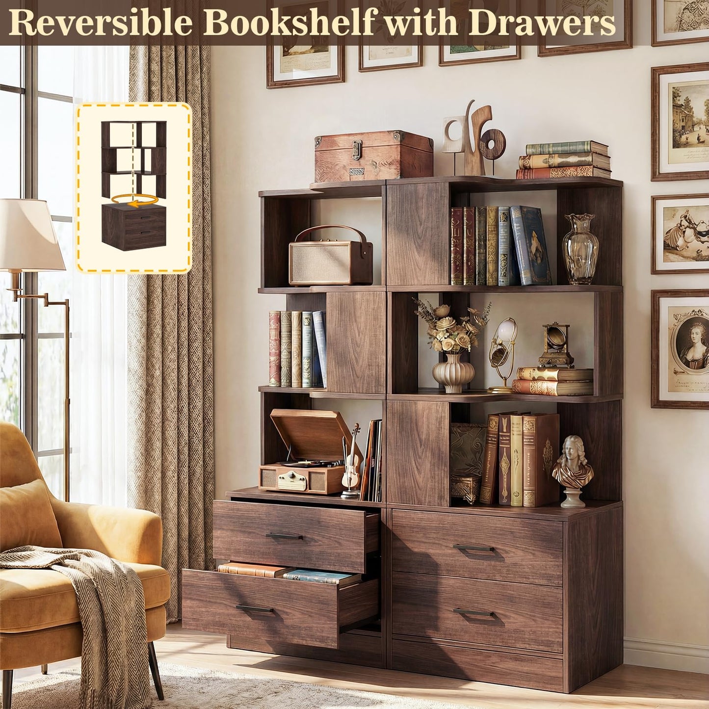 Armocity Corner Bookshelf with Drawers, 6 Tier Corner Book Shelf Display Bookcase, Freestanding L Shaped Bookshelf for Bedroom, Living Room, Home Office, Black Walnut