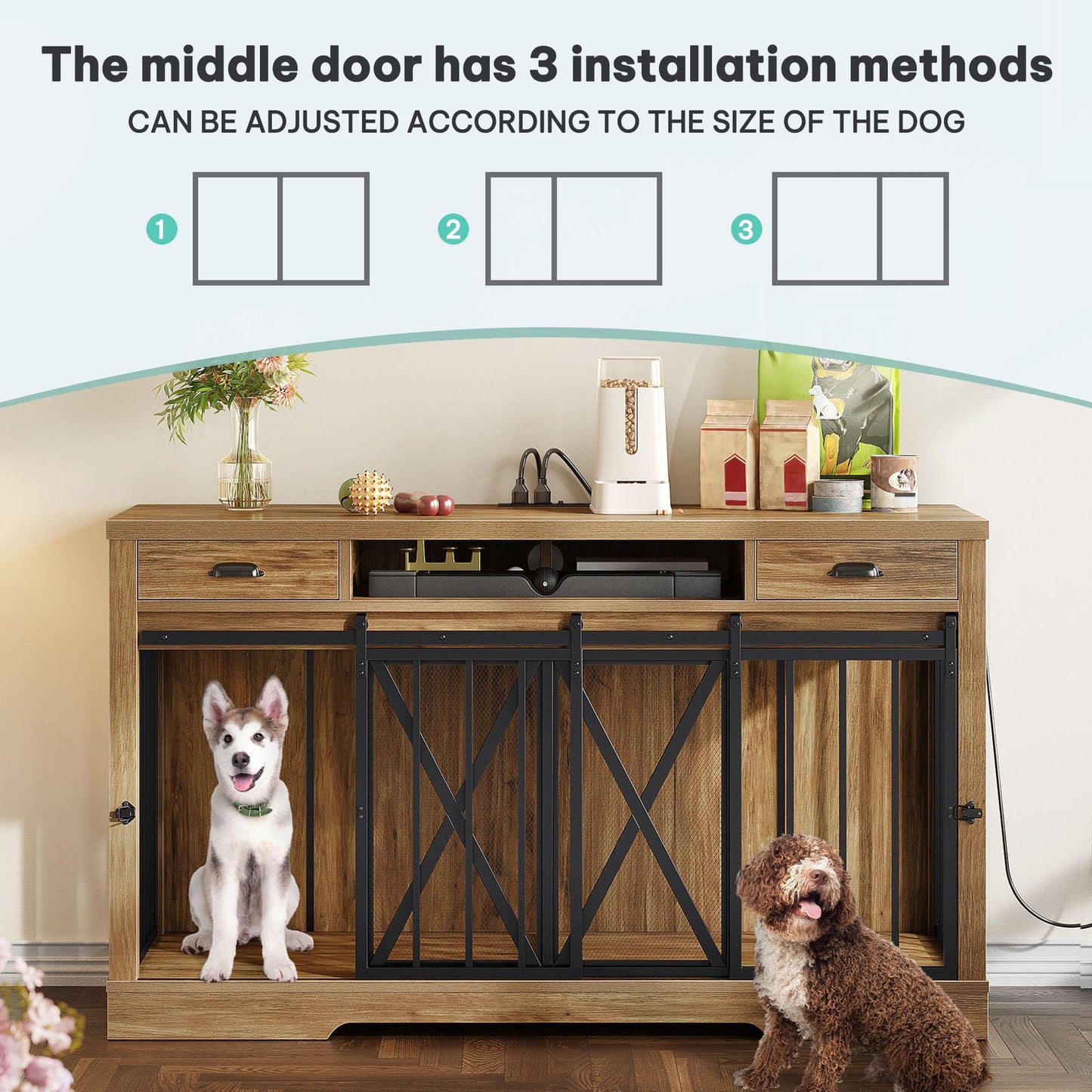 YITAHOME 63 Inch Double Dog Crate TV Stand with Charging Station, Heavy Duty Wooden Cage Furniture for 2 Dogs, Dog Kennel Indoor Furniture Double Sliding Barn Door Design Ideal for 2 Dogs, Oak