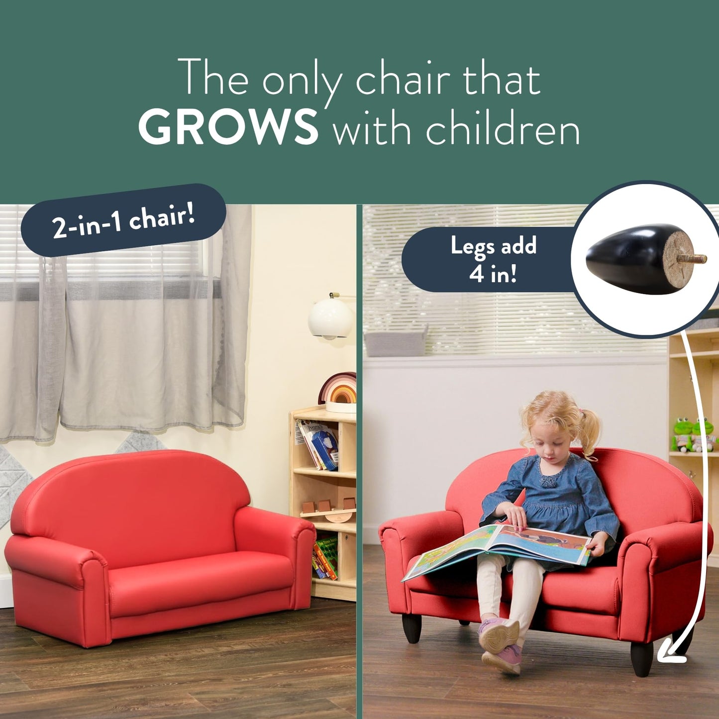 Children's Factory As We Grow Chair and Couch, Flexible Seating for Daycare or Preschool, Foam, Vegan Leather, 914 x 470 x 610 Mm, Red, 1 Count