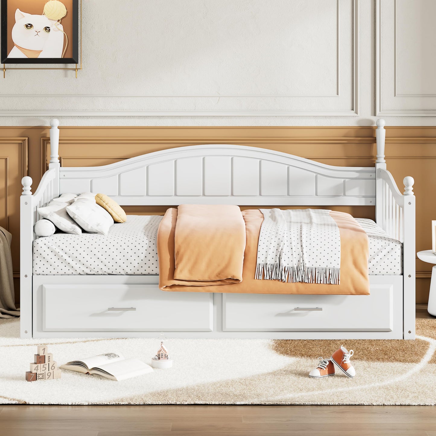 YSWH Twin Size Extendable Daybed, Wood Day Bed Frame with 2 Storage Drawers and Twin Size Trundle, Multifunctional Extendable Bed for Kids Adults, Bedroom Furniture Storage Platform Bed (White)