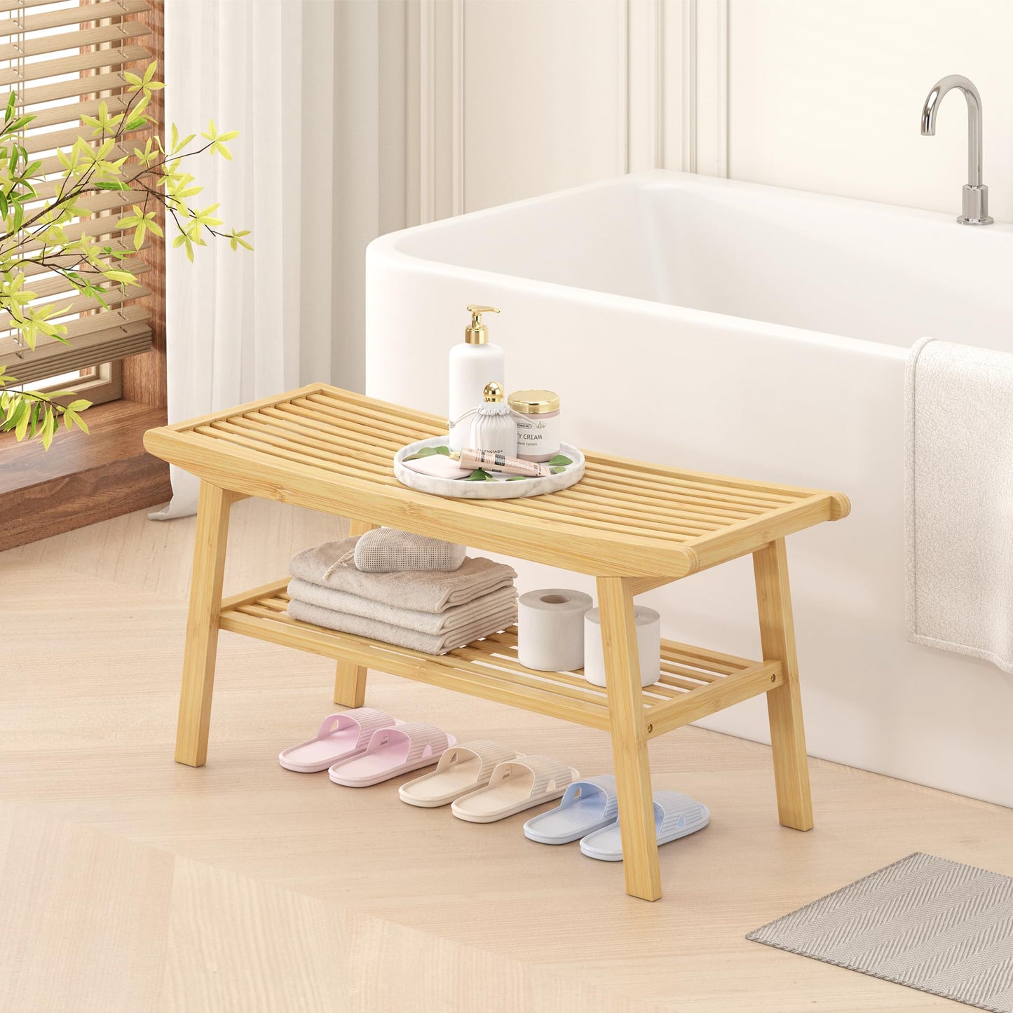 Bamboo Dining Bench Indoor Long Bench Sturdy & Comfortable Indoor Storage Bench Durable Slat Woven Design Modern Entryway Seating for Hallway (Nature, 2 Tiers)