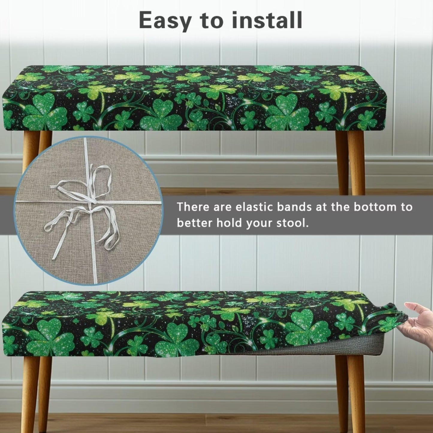 Cugasmaru Saint Patrick's Day Dining Bench Covers Soft Seat Cushion Protector Green Leaves Washable Stretch Dining Bench Cover for Dining Room Living Room Kitchen Easy to Clean