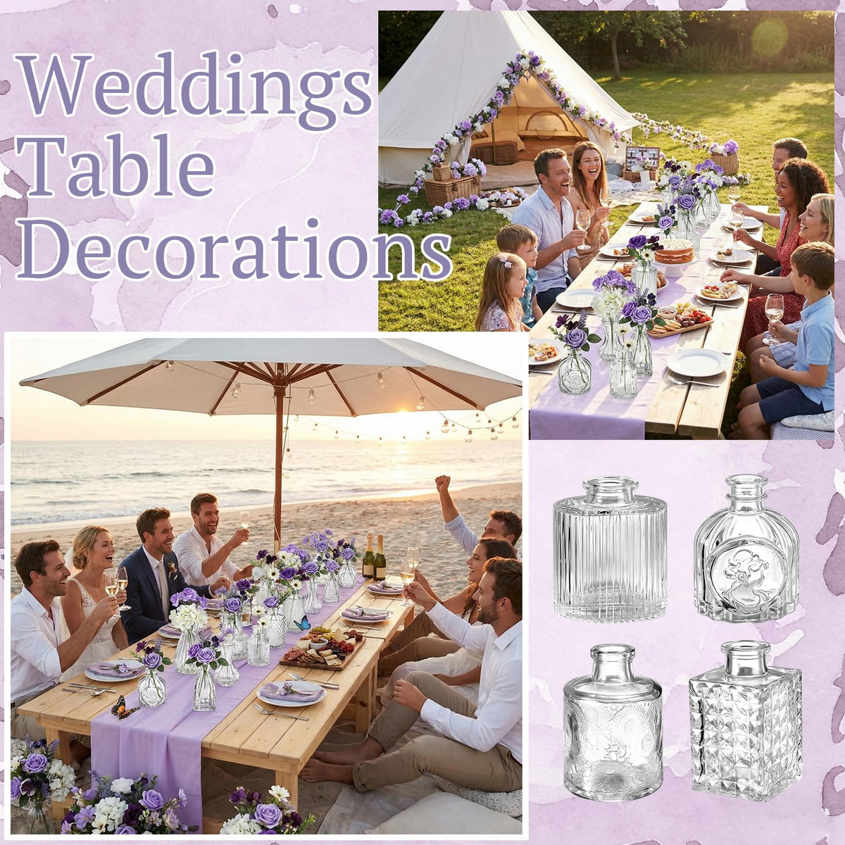 Ferrochef 36 Pcs Artificial Flowers Table Centerpiece with Vases Colorful Wildflower Centerpieces Silk Flower Arrangement for Wedding Baby Shower Table Centerpieces Party(Purple Series,Clear)