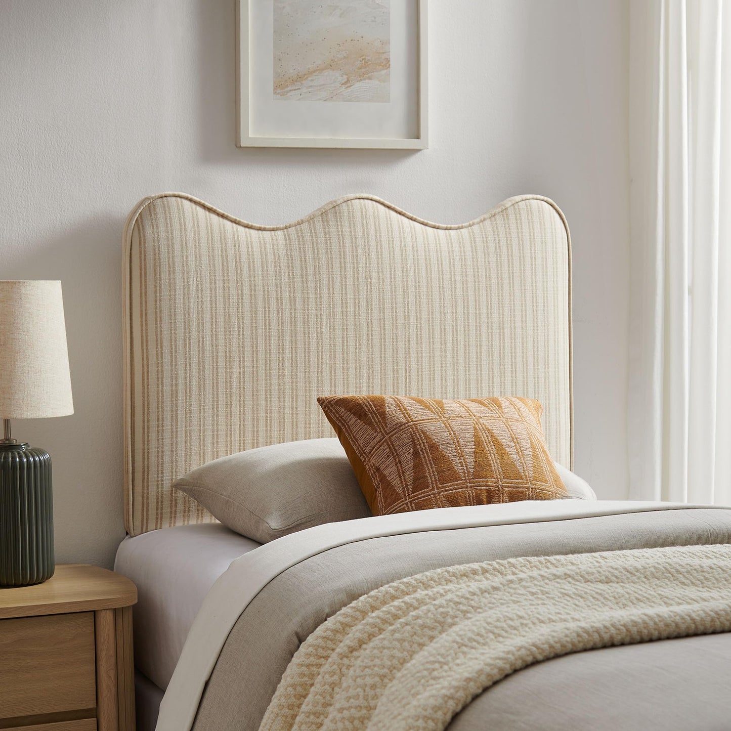 Monday Athena Striped Fabric Upholstered Twin Size Adjustable Headboard in Oatmeal Stripe - with Scalloped Wave Design and Soft Linen-Like Fabric