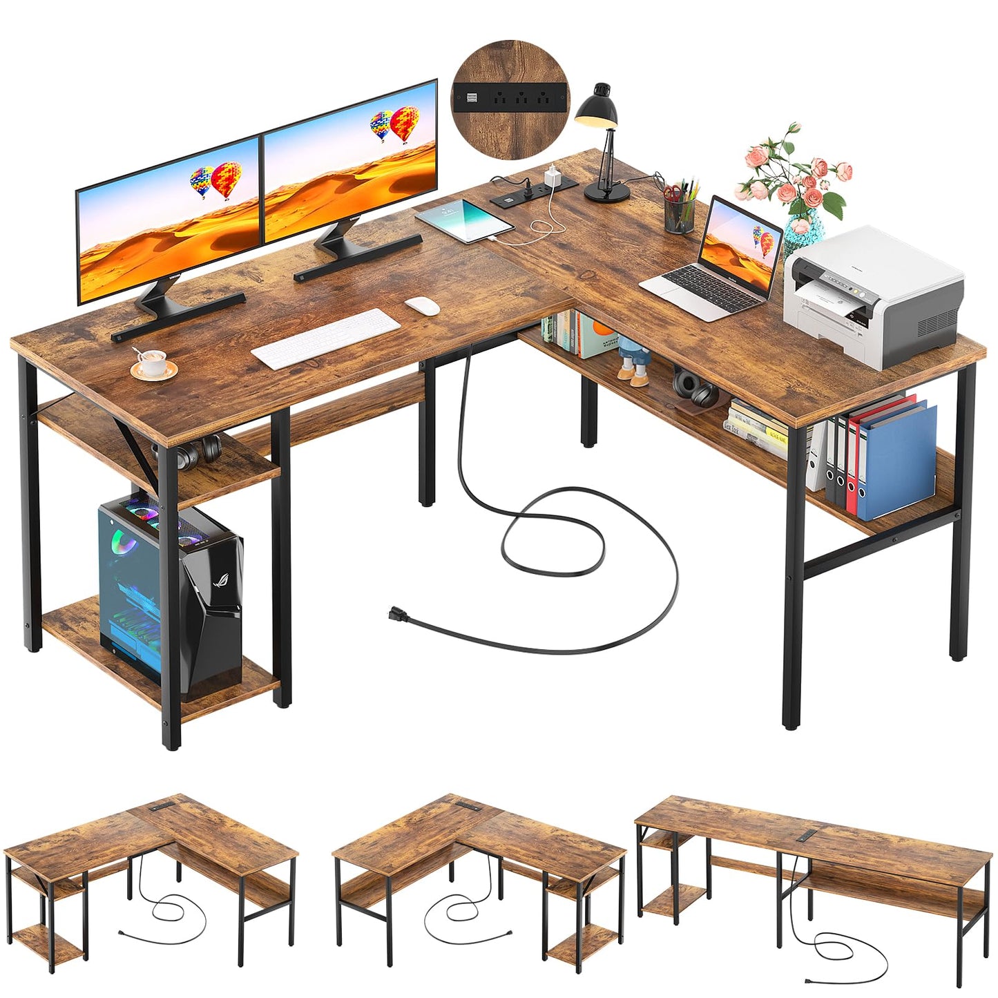 Unikito L Shaped Computer Desk with Magic Power Outlets and USB Charging Port, Sturdy Reversible Corner Desk with Storage Shelves, Modern Work Desk for Home Office, Easy to Assemble, Rustic Brown