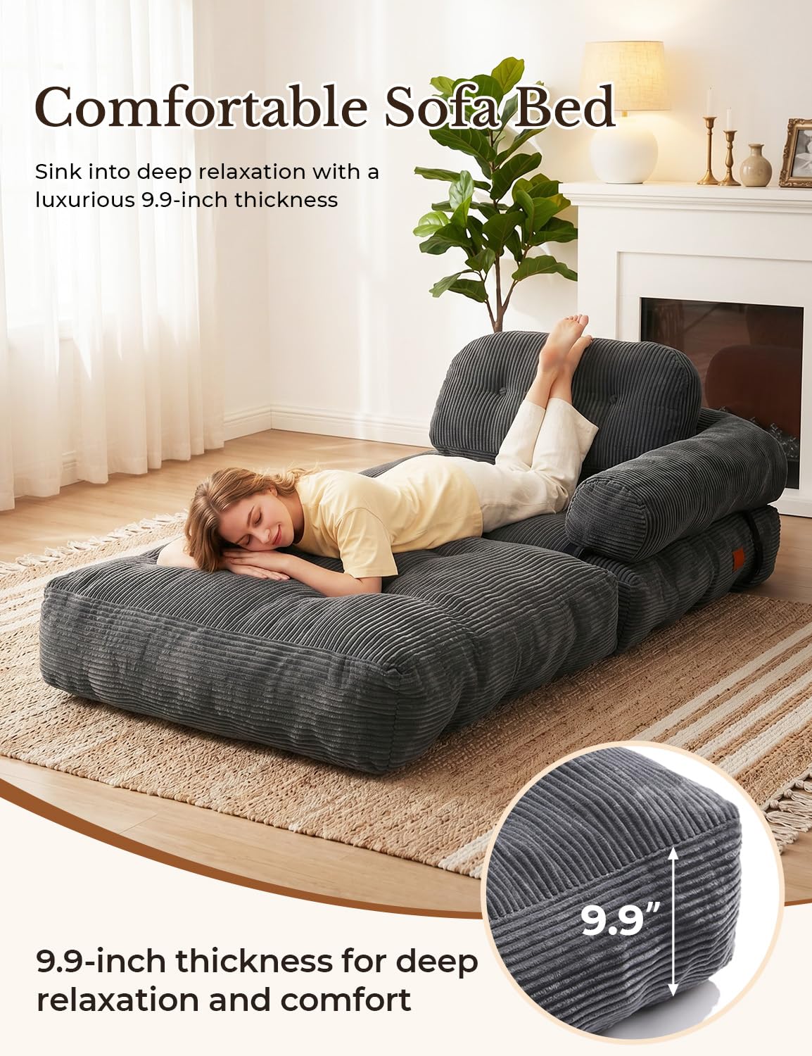 Vellorise Folding Sofa Bed, L-Shaped Couch Back Support and Arm Pillow Futon, Convertible Sofa Bed for Living Room/Guest Use/Home Office, Boneless Foldable Couch for Adults, Dark Gray