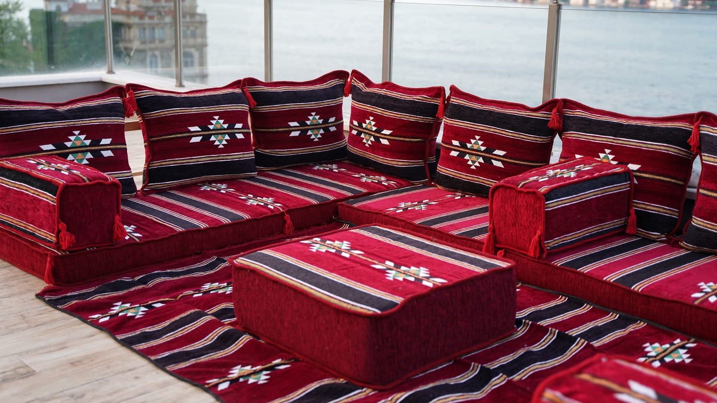 arabicsofa Maroon U Shaped Arabic Majlis – Traditional Middle Eastern Floor Seating