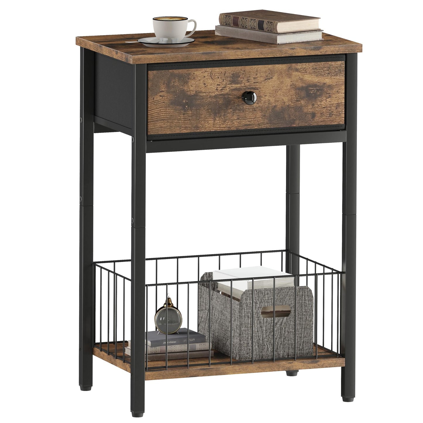 VAFEKOL End Tables Bedroom, Night Stand with Drawers, Industrial nightstand, Nightstand with Fabric Bins, Bedside Table End Table for Bedroom, Closet, Entryway, College Dorm, Rustic Brown LNT0061BR