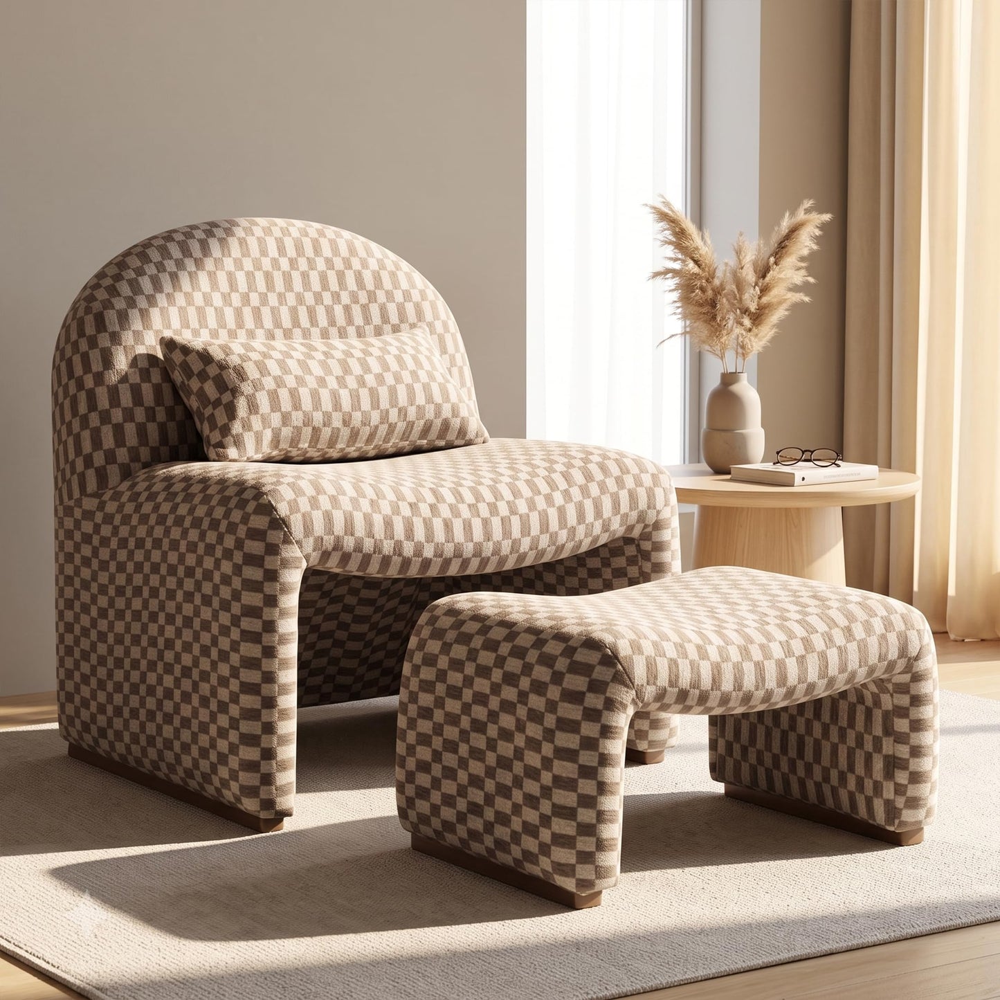 Krcix Accent Chair with Ottoman, Modern Checkered Jacquard Upholstered Reading Chair and Ottoman Set with Pillow, Bedroom Chairs for Adults, Accent Chairs for Living Room, Small Spaces, Cocoa