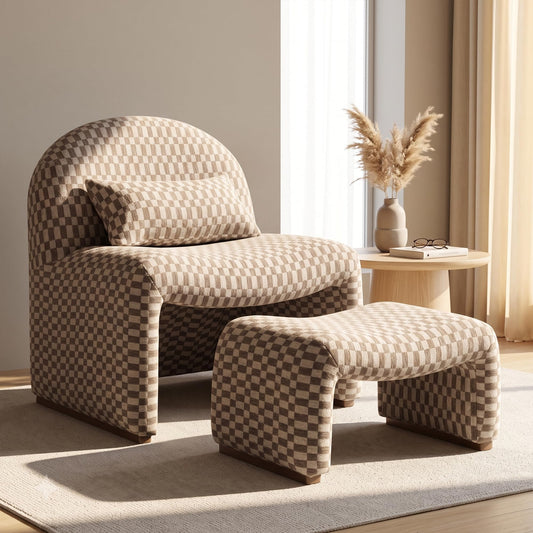 Krcix Accent Chair with Ottoman, Modern Checkered Jacquard Upholstered Reading Chair and Ottoman Set with Pillow, Bedroom Chairs for Adults, Accent Chairs for Living Room, Small Spaces, Cocoa