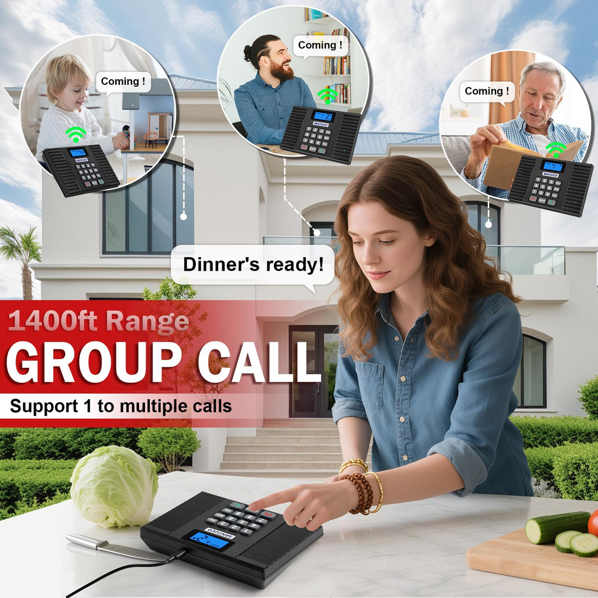 SANZUCO 60D Intercoms Wireless for Home, 18 Channel Home Intercom System Supports Two-Way Talk, 1400ft Full Duplex Intercom System for House/Office Hands-Free, Group Call, Clear Sound(3 Stations)