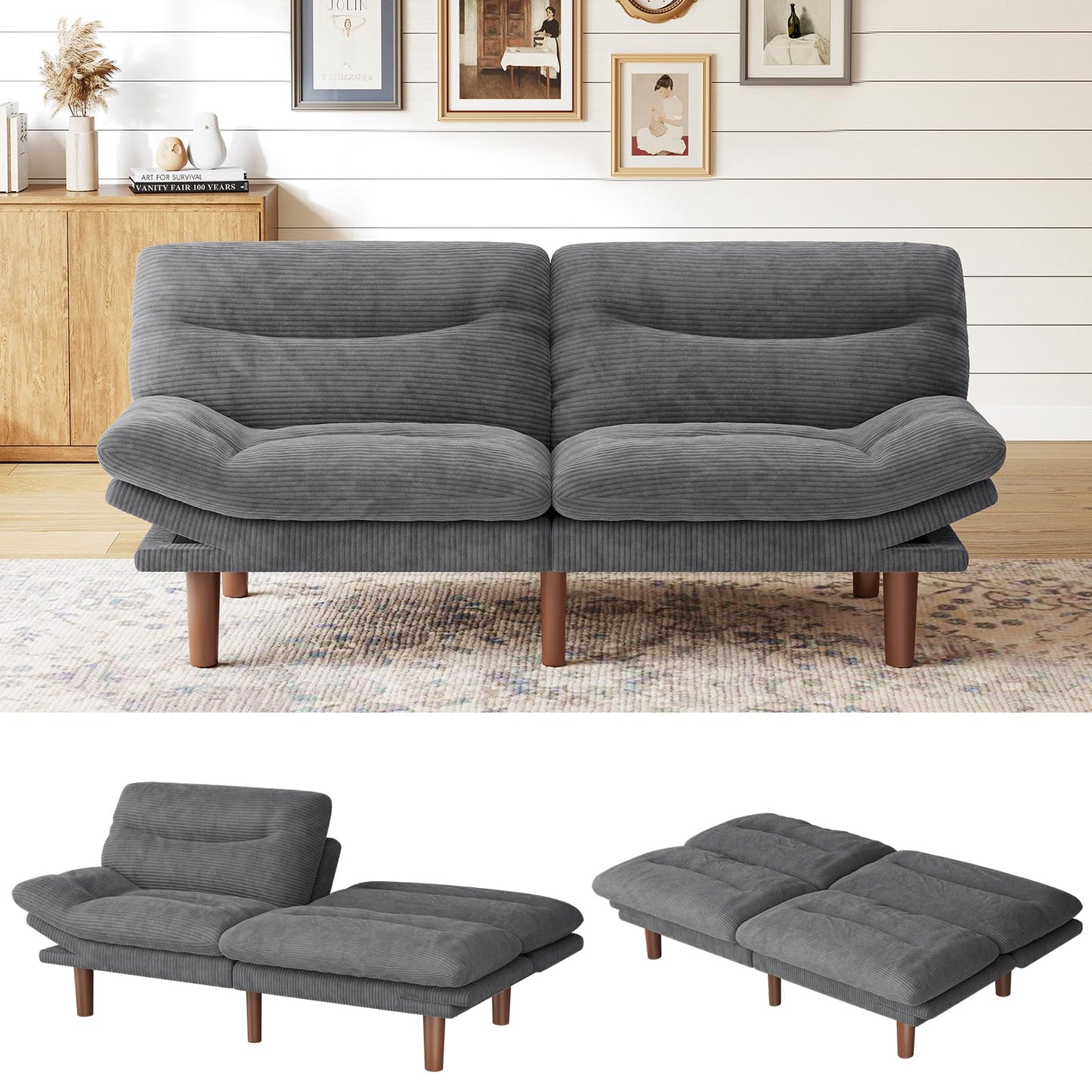 Marsail 75" Futon Sofa Bed, Convertible Corduroy Futon Couch with Adjustable Backrest & Armrests, Small Sleeper Sofa Loveseat for Living Room, Apartment, Office, Grey