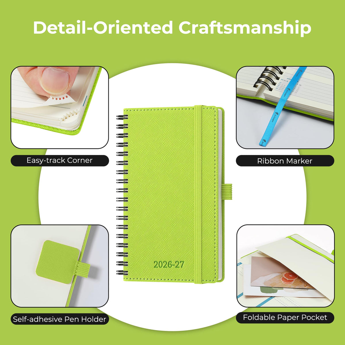 IN-LUXPRO Planner 2026-2027 Daily Weekly and Monthly,6.5"x3.75",18 Months Spiral Bound Calendar Agenda with Self-adhesive Pen Holder,2026 Academic Plan with Vegan Leather Soft Cover,Wasabi Green
