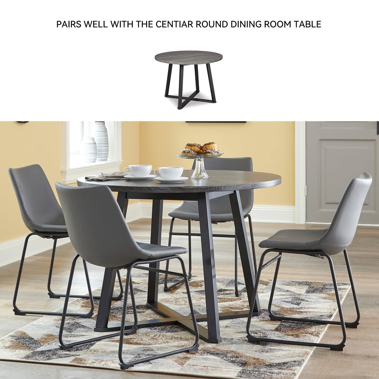 Signature Design by Ashley Centiar Casual Bucket Seat Dining Upholstered Side Chair with Black Metal Base, Set of 2, Faux Leather, 18.75" Seat Height, Gray