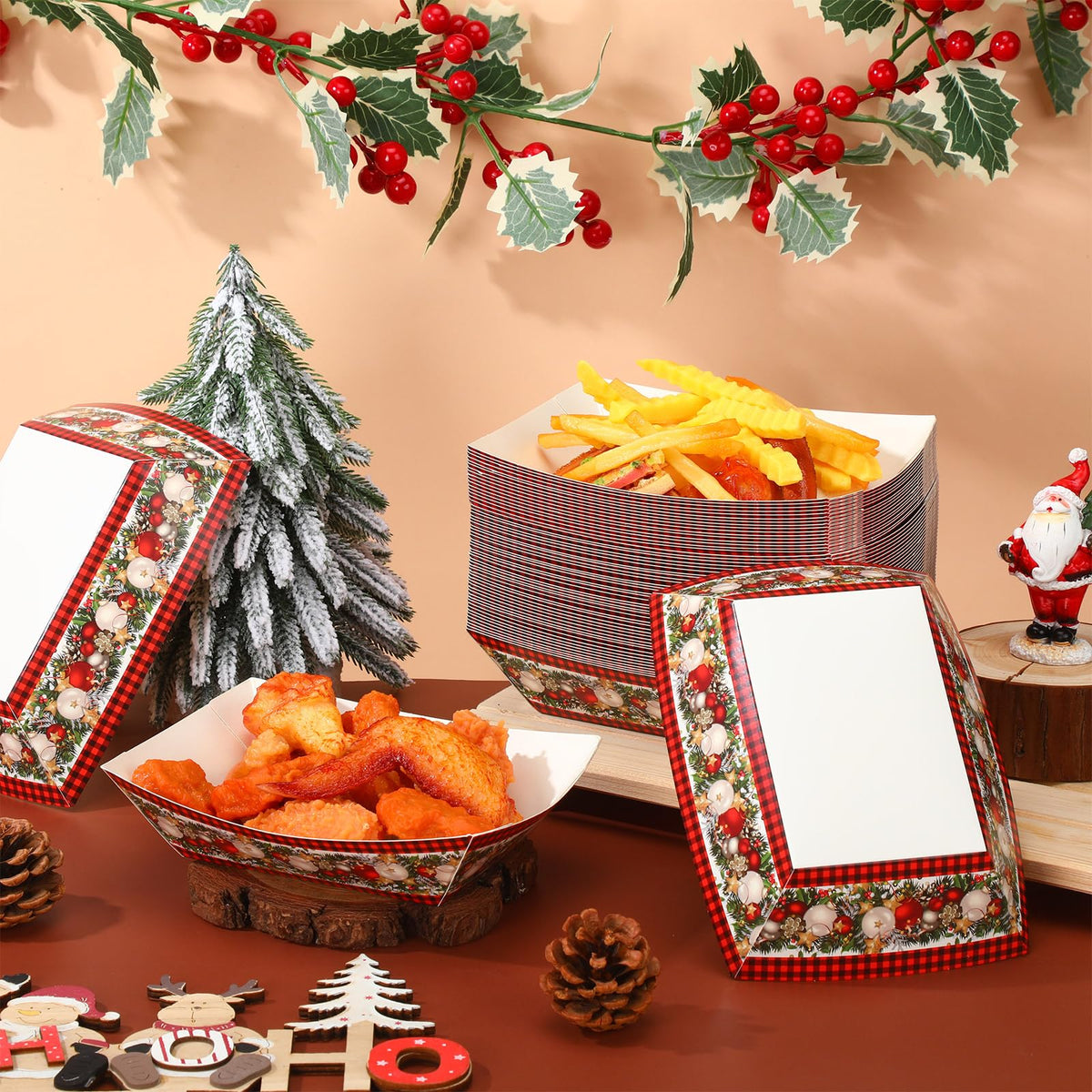 Ctosree Christmas Paper Food Trays Linen Red and Black Buffalo Check Seasonal Winter Xmas Holiday Farmhouse Style Snack Bowl for Party Decoration Supplies