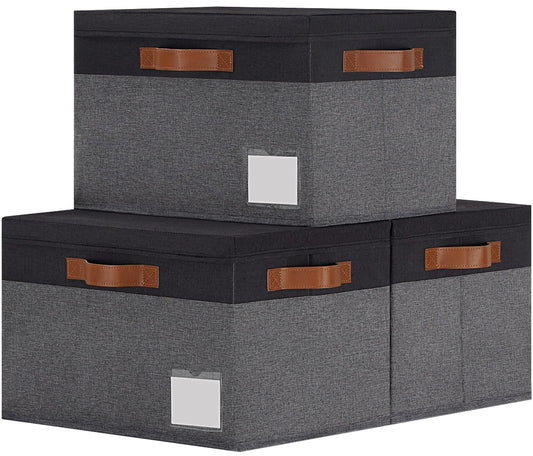 GhvyenntteS Extra Large Storage Bins with Lids, Foldable Fabric Storage Boxes with Lids and Handles, Storage Baskets with Lid and Label for Home Office (3 Pack, Grey&Black, 15.75" x 11.8" x 10.2")