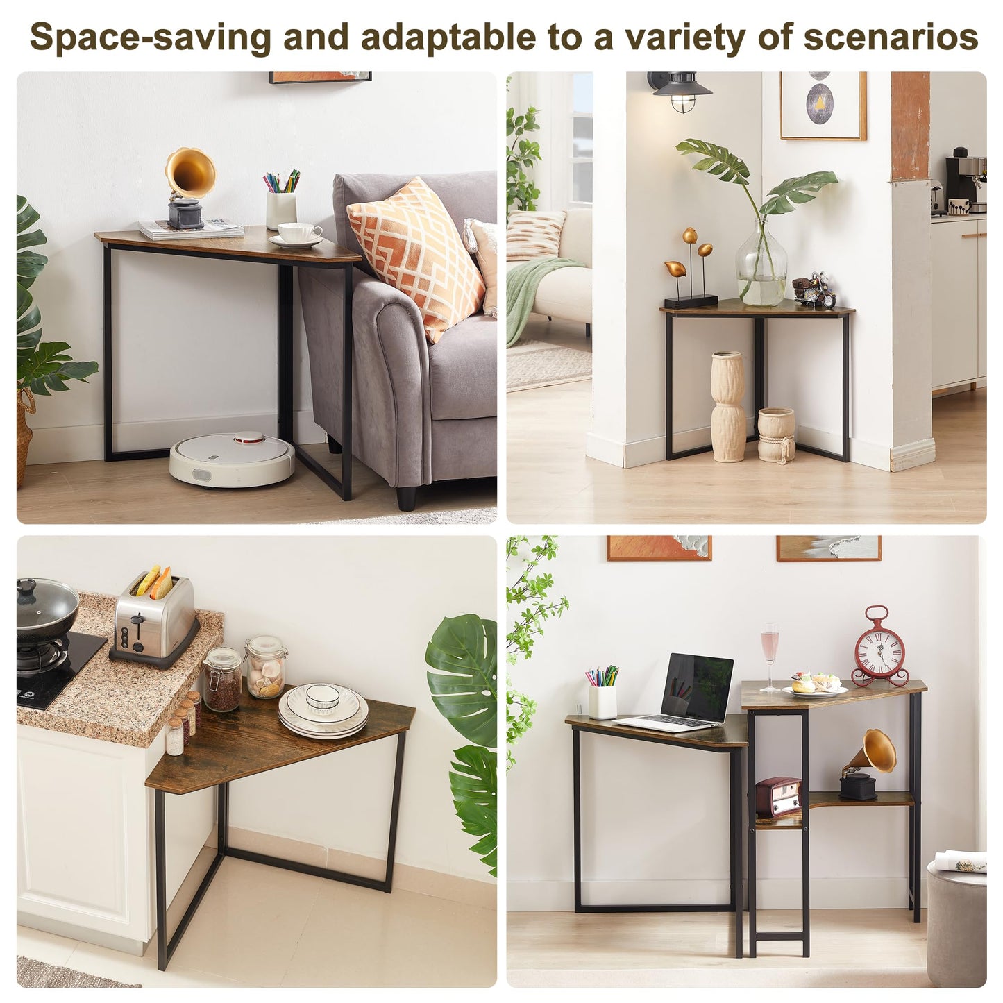 VECELO Corner Desk,Office Tables for Living Room for Small Space Triangle Computer Desk with Steel Frame Corner Shelves with Metal Frame Writing Desk for Workstation Classic Brown 33.1"