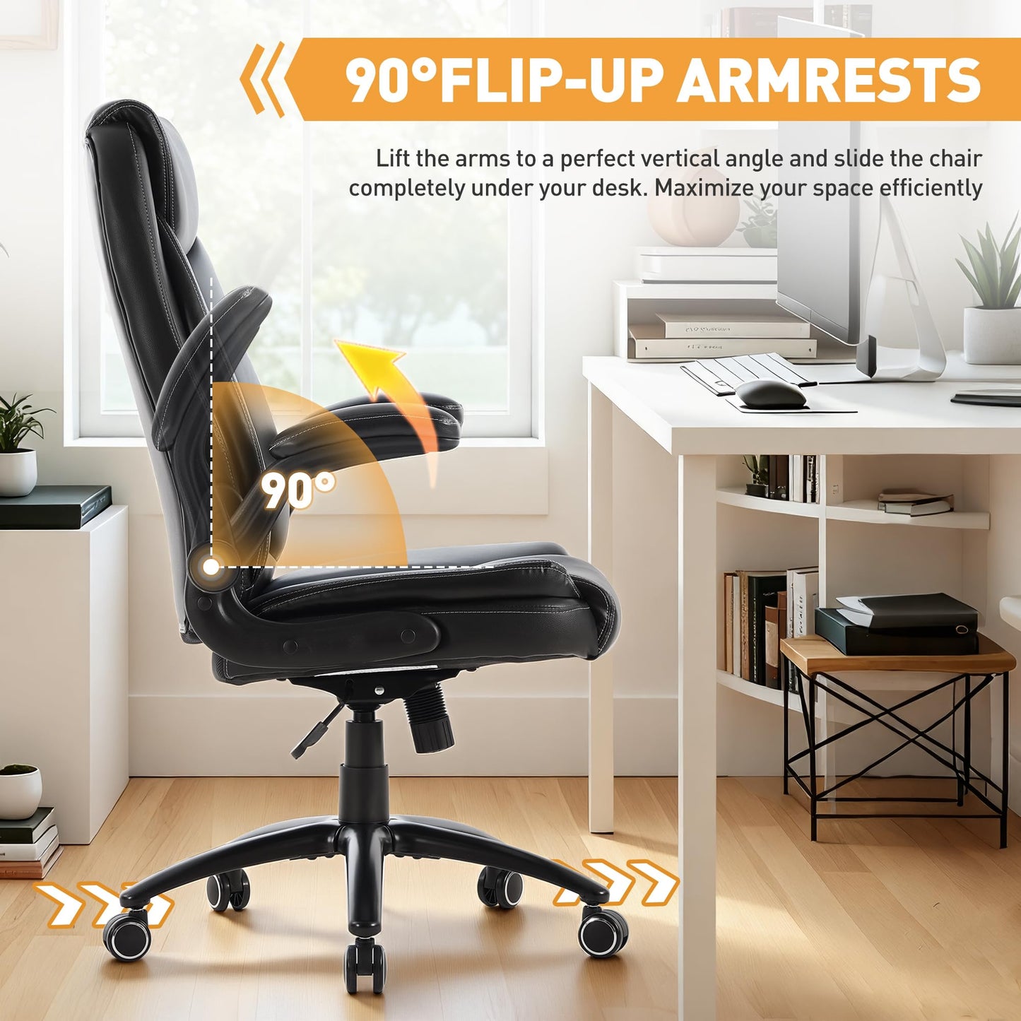 MALOL Ergonomic PU Leather Office Chair with Flip-Up Armrests & Reclining Backrest, 300lbs Thick Padded Seat Executive Desk Chair-Adjustable Height & Tilt Tension, Black