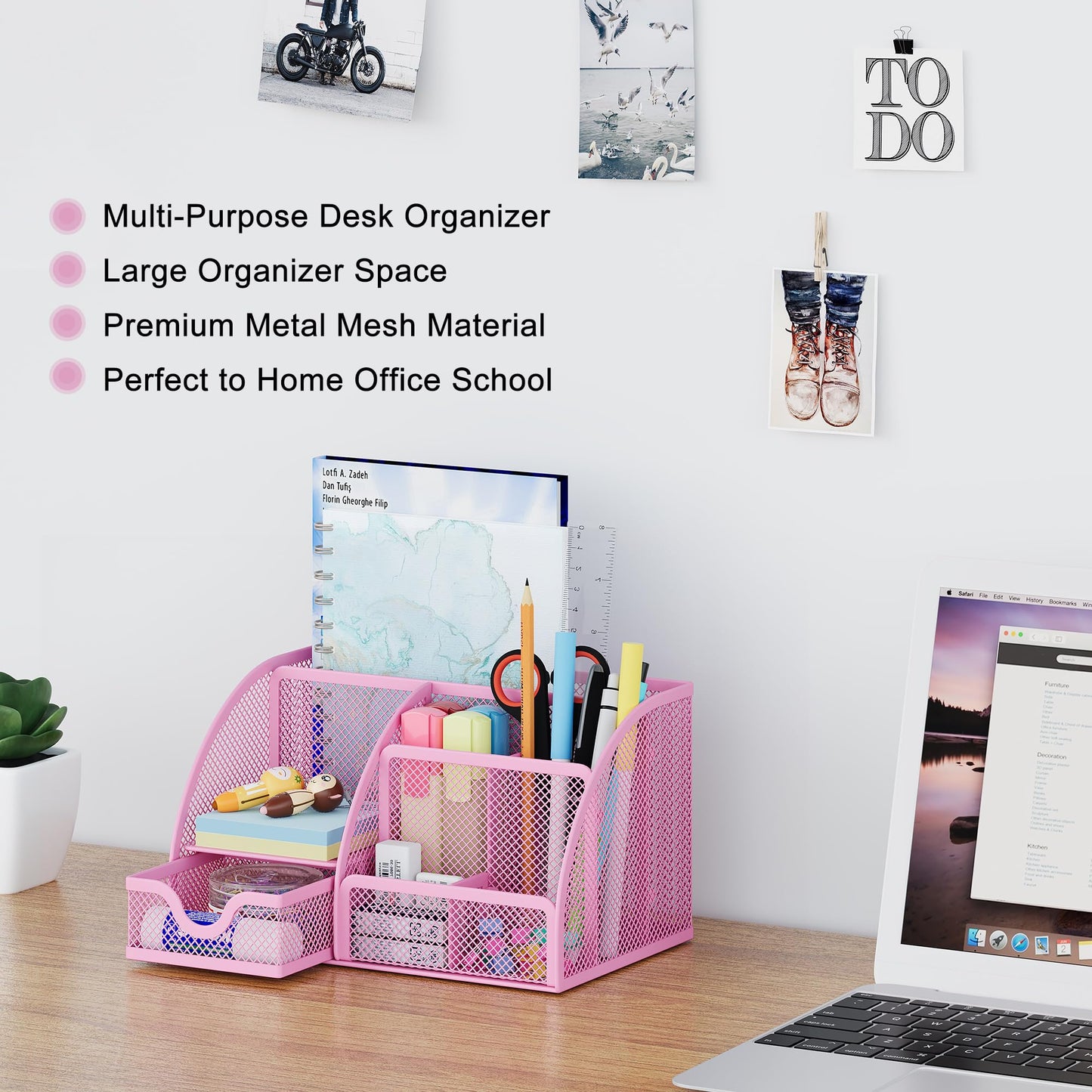 EasyPAG Mesh Desk Organizer with Drawer Multi-functional Pen Holder Stationery Organizer for Office School Supplies 6 Compartments Dorm Organizers and Storage for Desk, Light Pink
