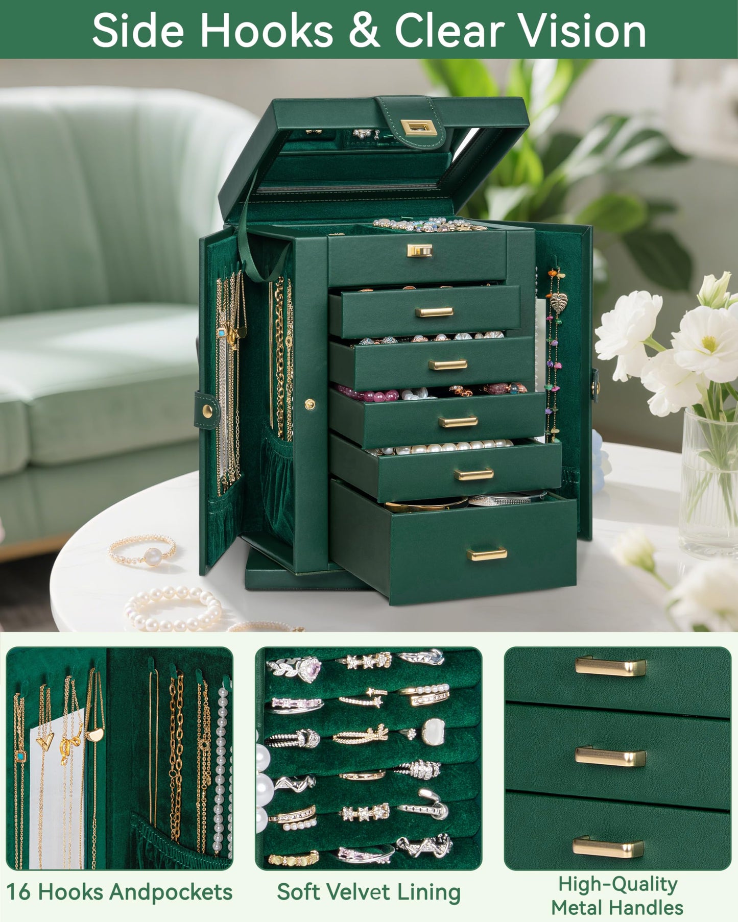 AKOZLIN 6-Tier Jewelry Box Organizer Functional 5 Drawers Leather Jewelry Storage Case for Women Girls Ring Necklace Earring Bracelet Holder Organizer with Mirror Green 360° Rotating
