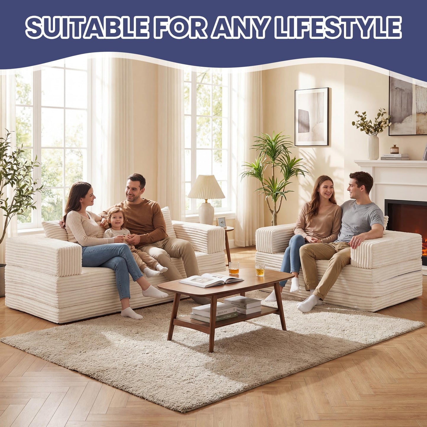 Winzoo Convertible Sofa Bed, 4-in-1 Boneless Loveseat with Removable Armrests Backrest, Corduroy Futon Couch Bed with Pillow, Foldable Mattress Sleeper Sofa for Living Room Bedroom Small Place (Beige)