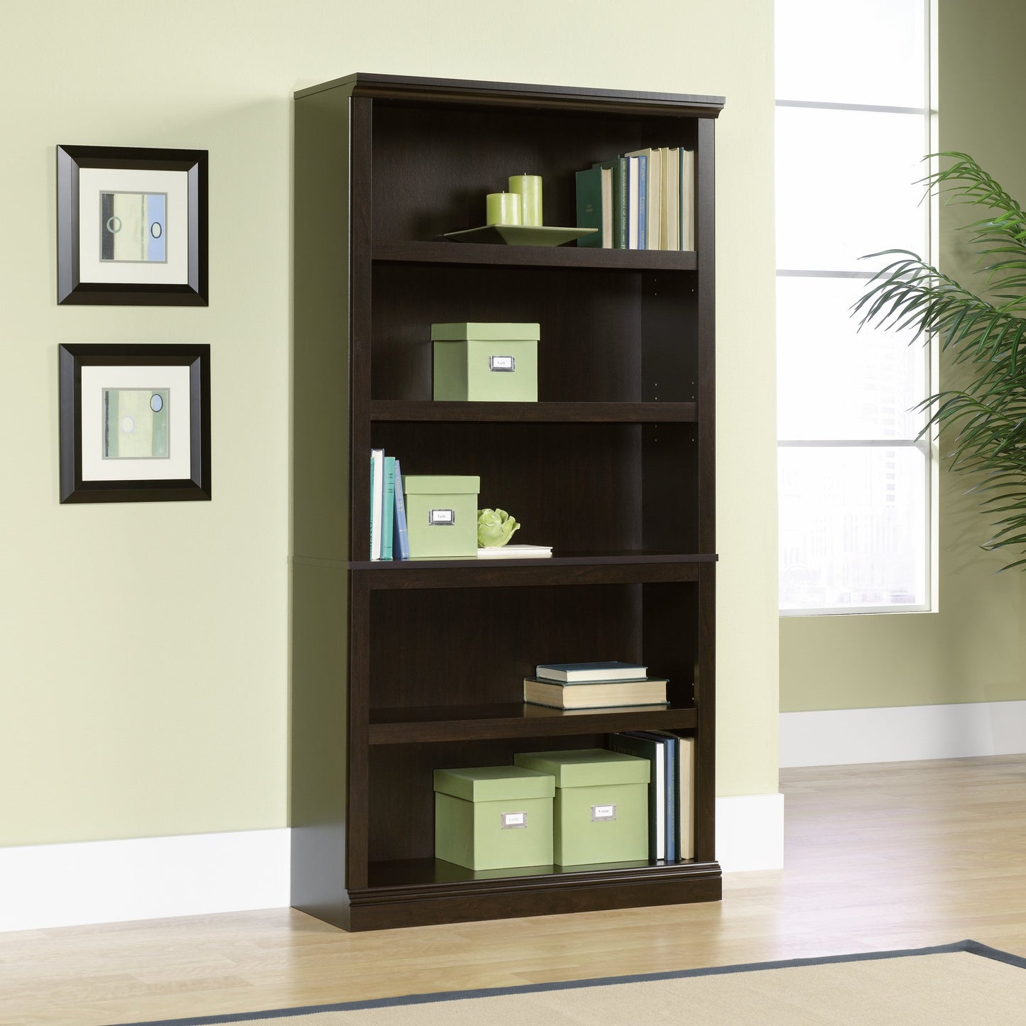 Sauder 5 Tier Book Shelf Wooden Bookcase Multipurpose Bookshelf for Home Office, Living Room, in Jamocha Wood