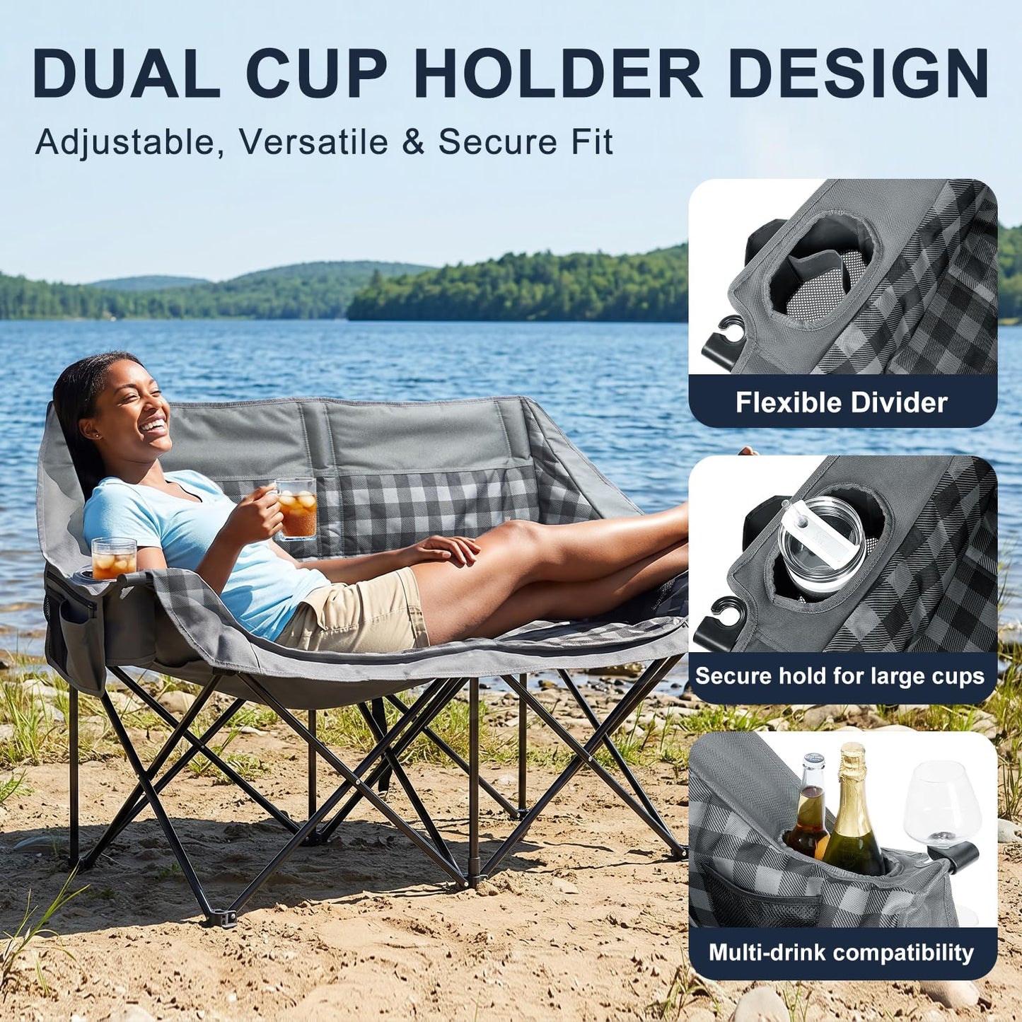 RVIEIS Double Camping Chair 2 Person Loveseat Oversized Padded Camping Couch Heavy Duty Portable Folding XL Camp Chair with Cup Holder Side Pocket for Outdoor Lawn Beach Sport Support 800LBS, Plaid