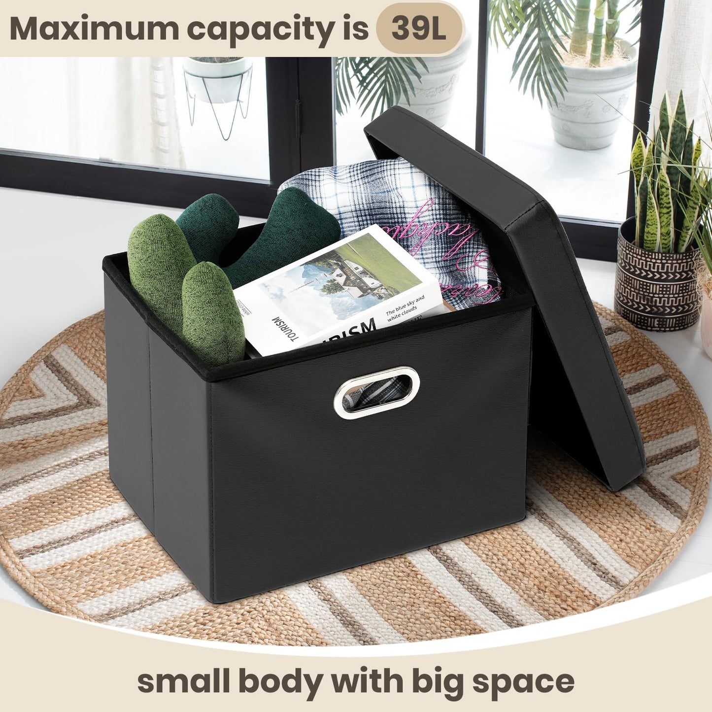 COSYLAND Ottoman with Storage Folding Leather Ottoman Footrest Foot Stool Black Ottoman for Room Small Rectangle Collapsible Bench Furniture with Handles Lid Toy Chest 17x13x13in