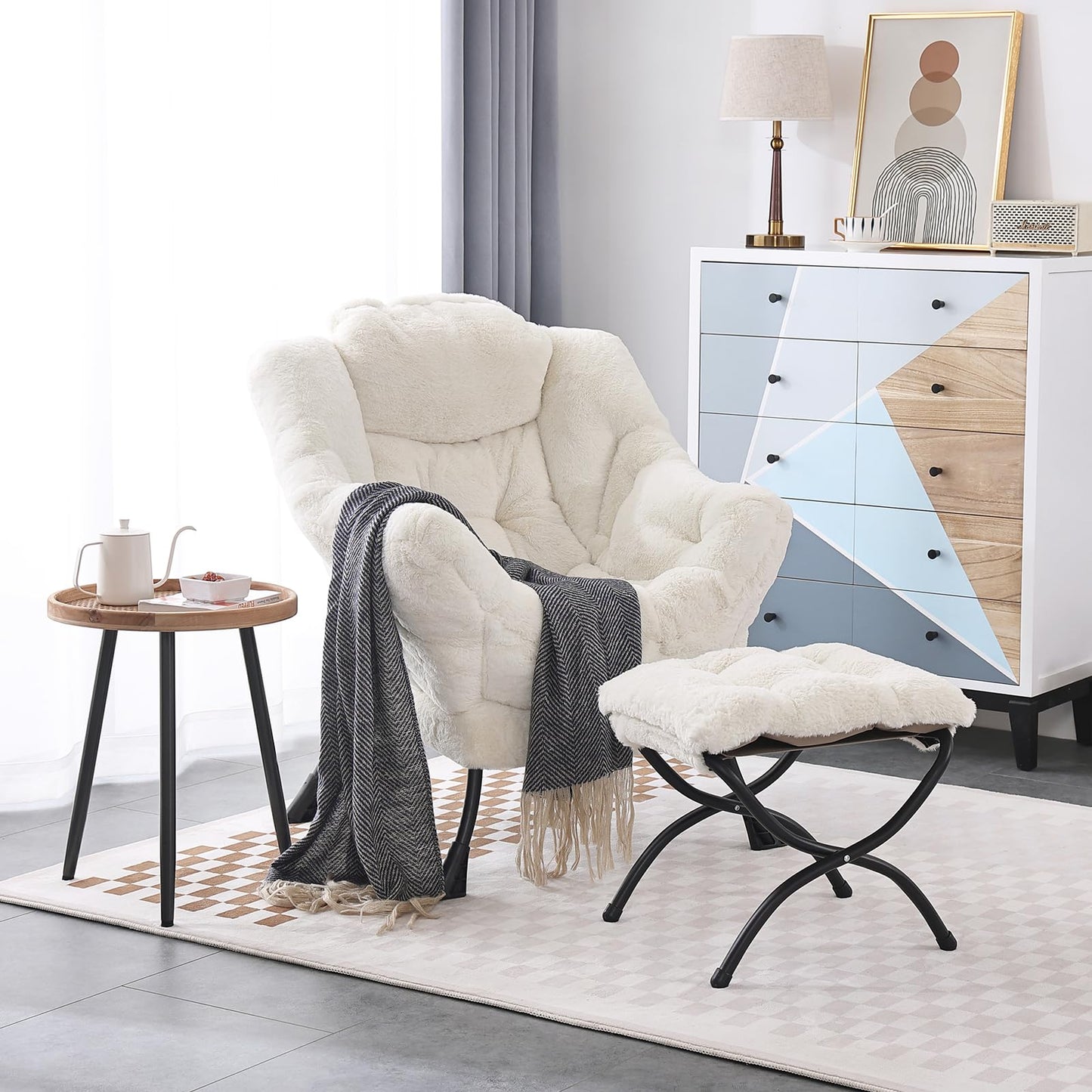 LITA Lazy Chair with Ottoman, Modern Accent Leisure Upholstered Sofa Chair, Lounge Reading Chair with Armrests and a Side Pocket for Living Room, Bedroom & Small Space, Plush Beige