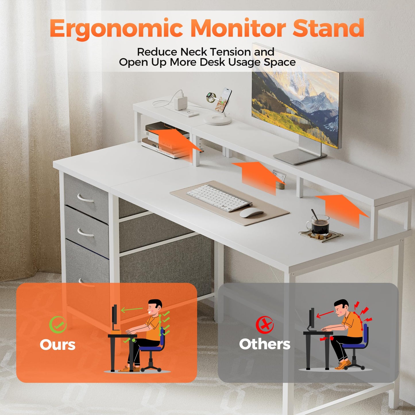 Mericonia 63 inch Computer Desk with Storage Drawers & Monitor Stand, Reversible Gaming Desk with LED Lights & Power Outlets, Large Gaming Table for Home Office