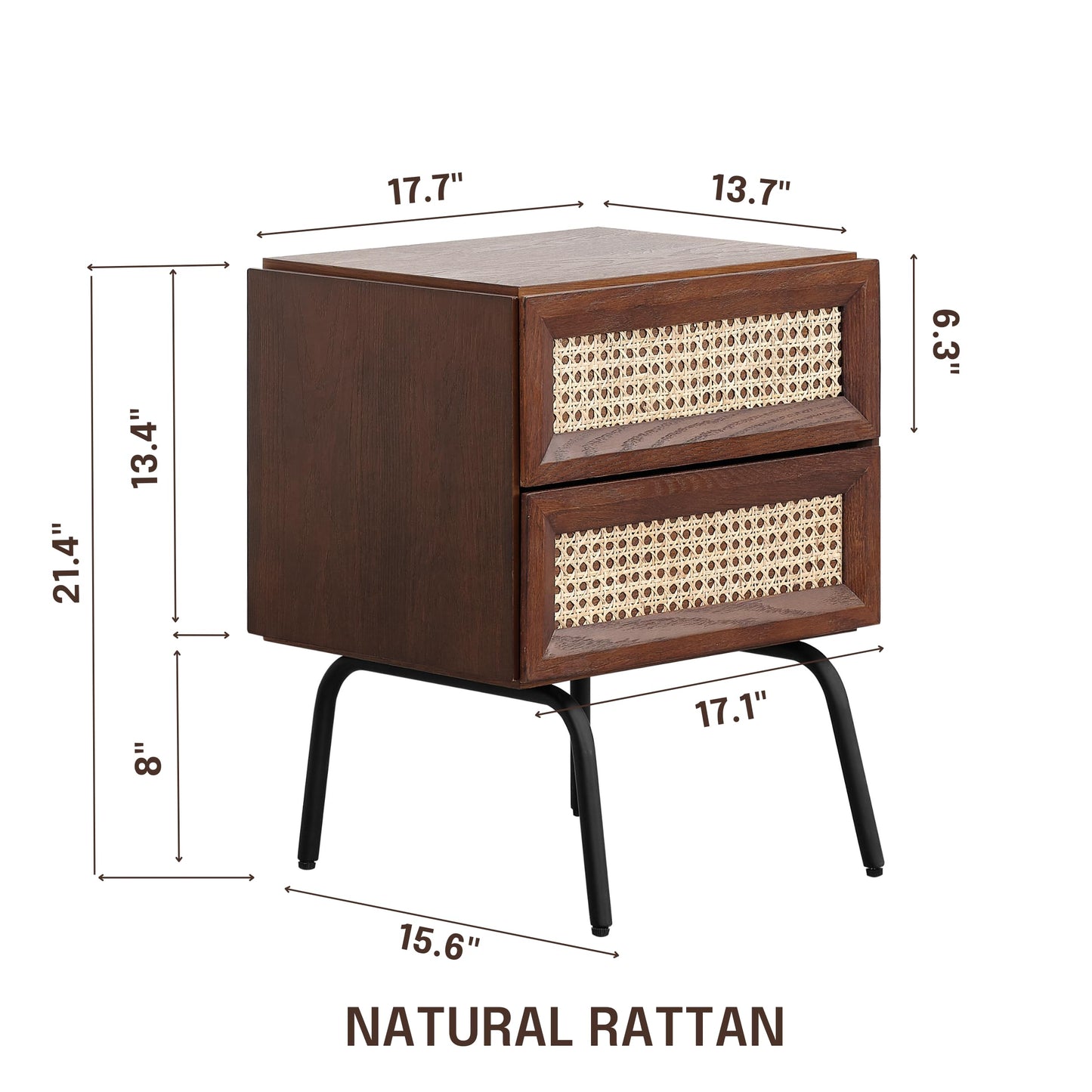 NTC Solid Oak Drawer Face Lulu Nightstand with Natural Rattan Drawer, Mid-Century Side Table for Bedroom, Bedside Furniture, End Table – Waterproof, Heat Resistant, Easy to Assemble – Dark Walnut