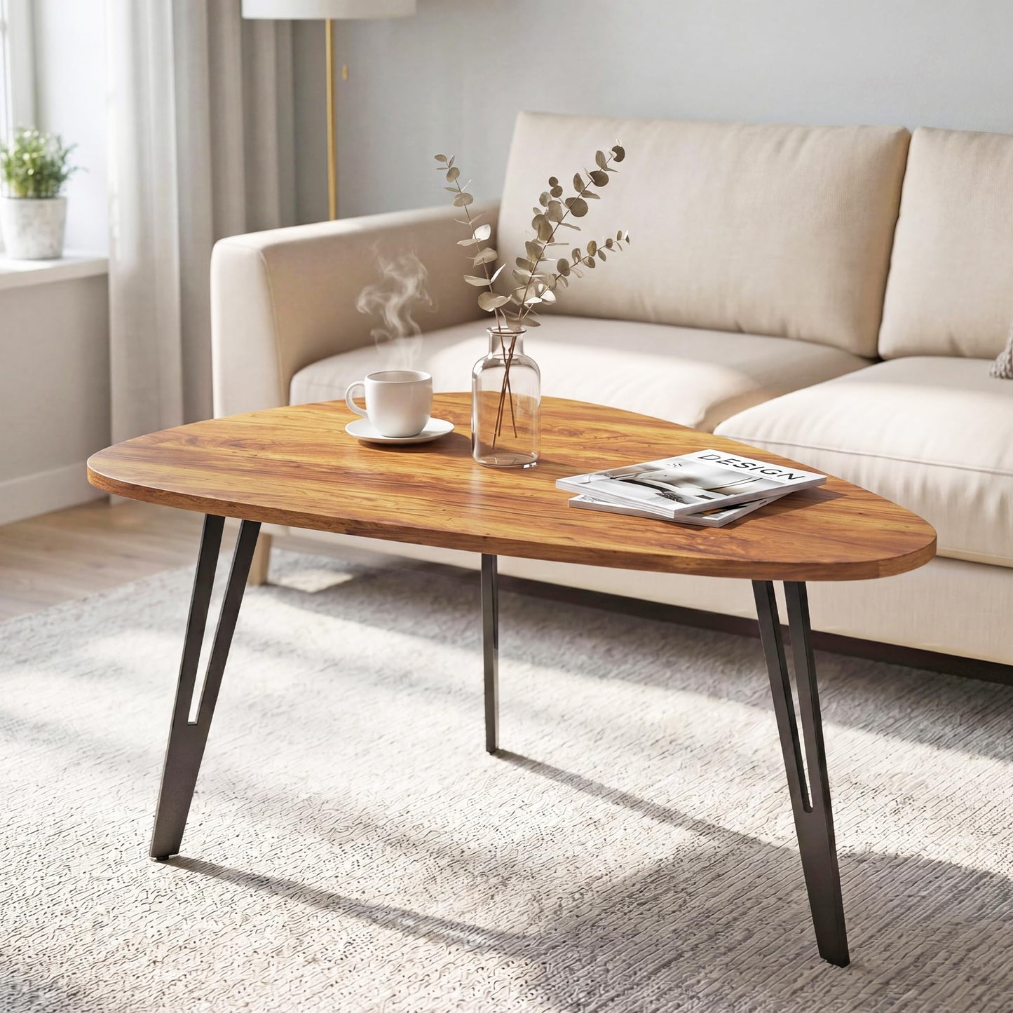 MWOOD Triangle Coffee Table, 33.5″‌Industial Center Table with Brown Top Surface&Black Metal Leg, Waterproof Dining Table for Living Room, Apartment (Wine Red&Black)