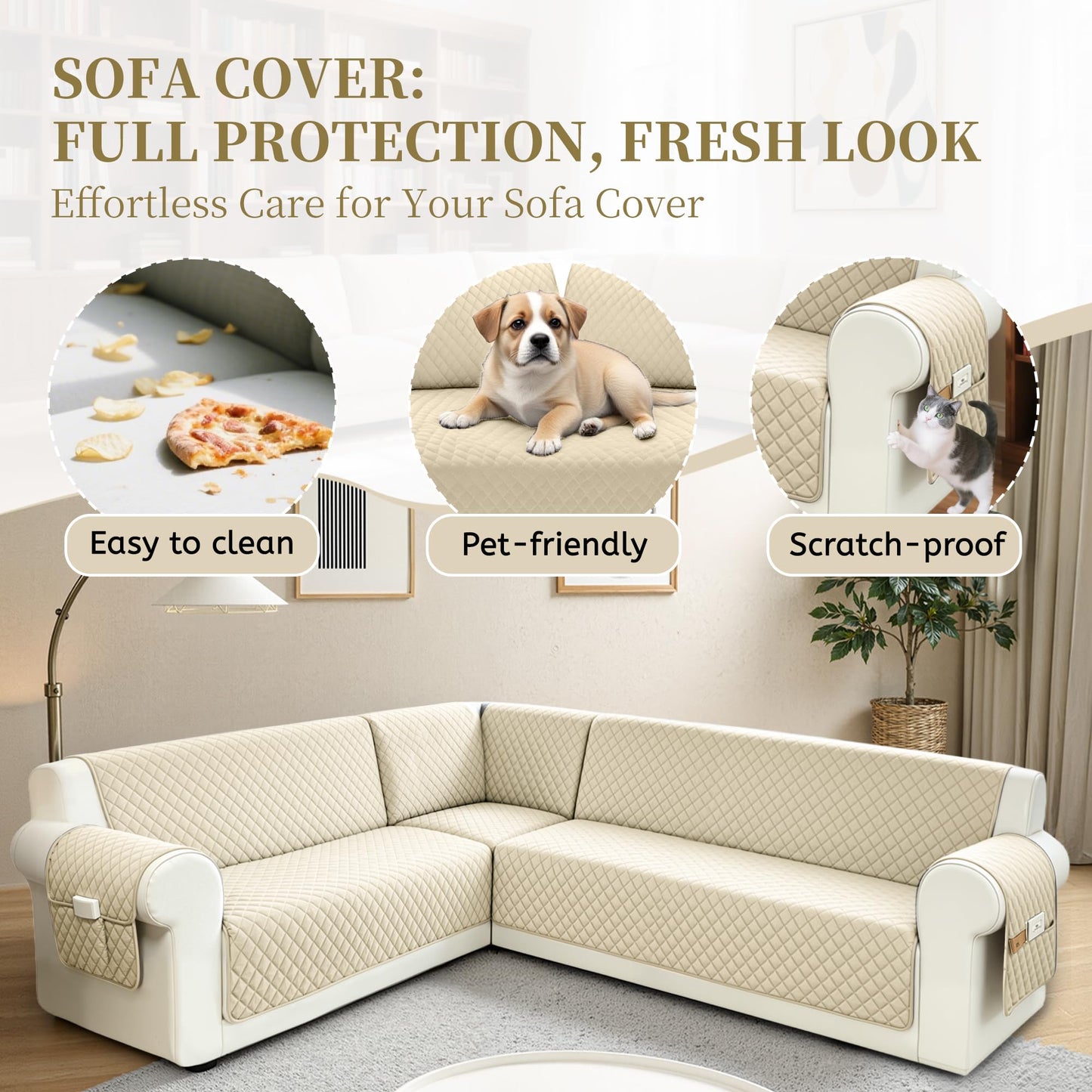 SYJOVIA Sectional Couch Covers for Dogs 100% Waterproof Corner L Shaped Sofa Cover Pet Friendly Velvet Washable Anti Slip L Shape Modular Sofa Slipcover Protector with Pockets (Beige, X-Large)