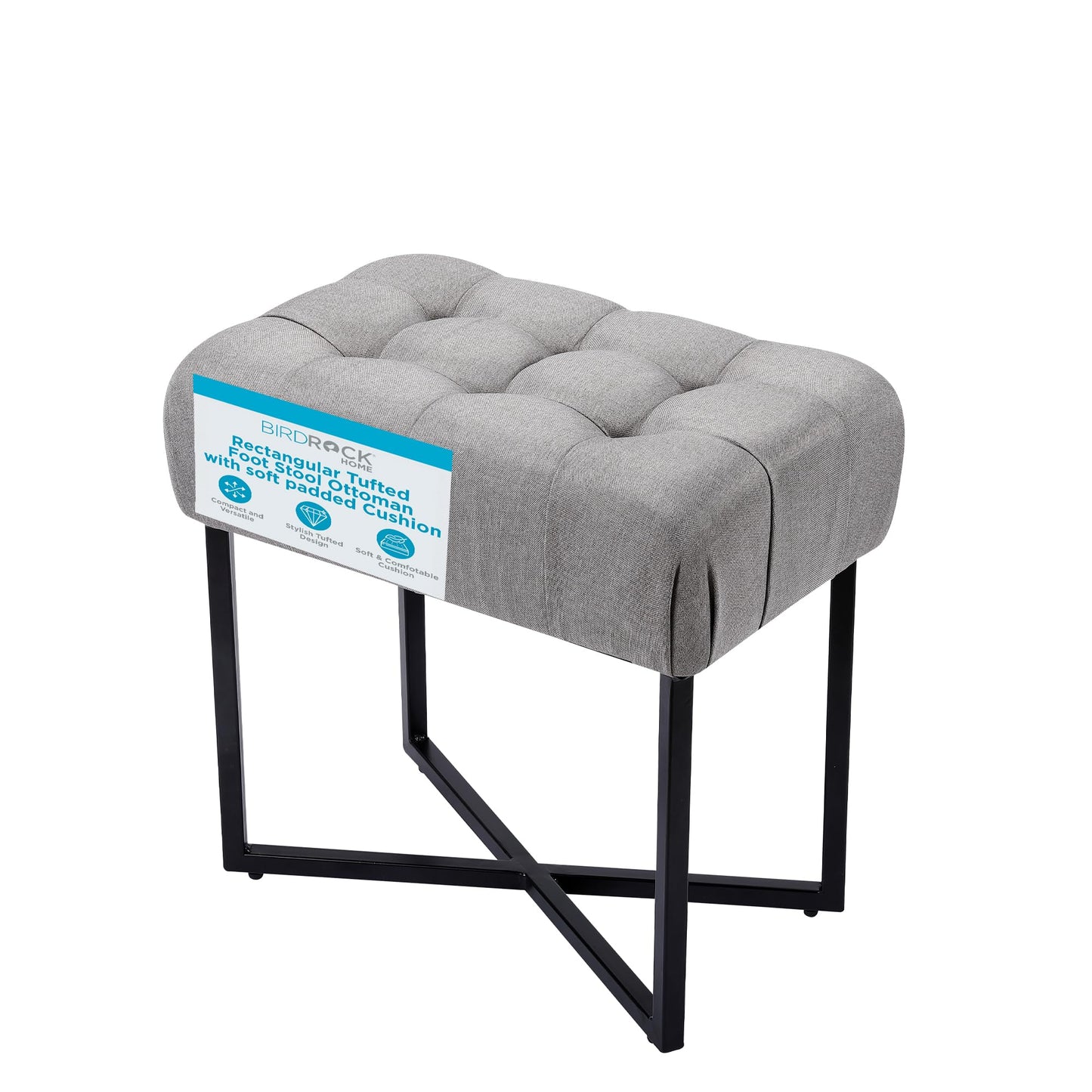 BIRDROCK HOME Rectangle Tufted Linen Ottoman Foot Rest - 19.7x11.82x17.73” Small Foot Stool with Legs - Padded Footrest Modern Ottomans for Living Room Furniture, Bedroom Footstool (Grey)