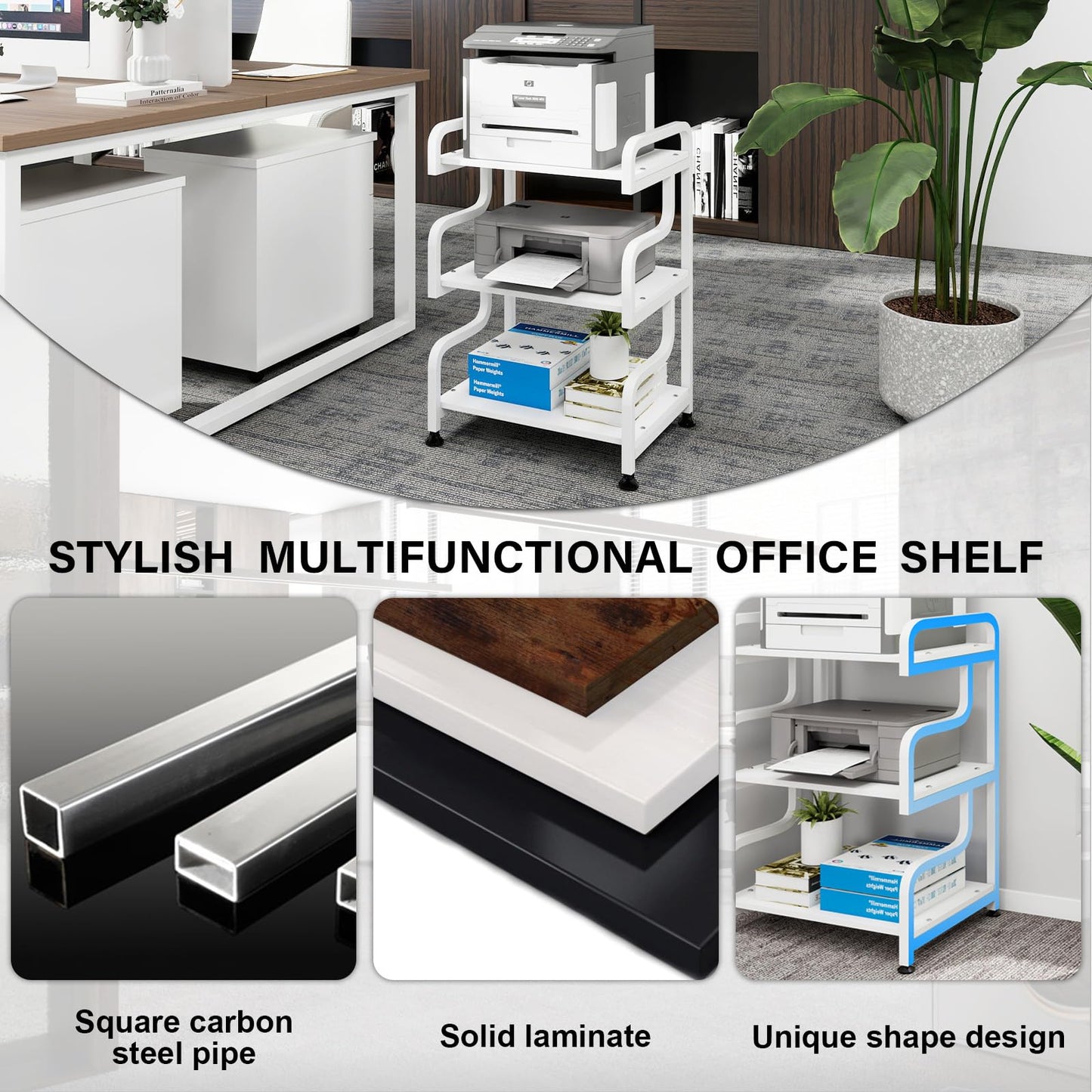 Natwind 3-Tier Printer Stand with Wheels Movable Storage Cart Floor-Standing Multi-Purpose Shelf Rack for Media Player Scanner Files Books Microwave Oven in Kitchen Living Room Home Office (White)