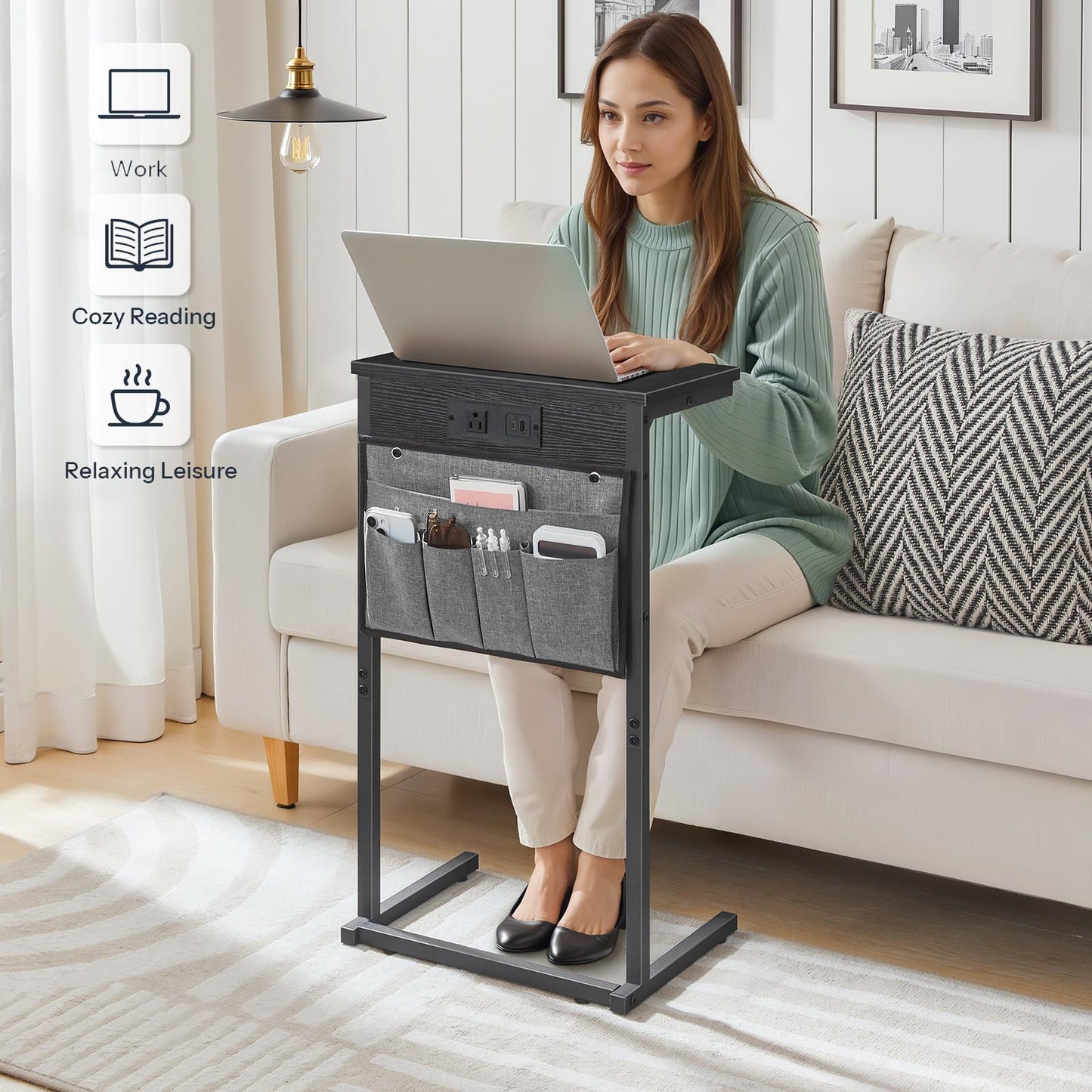 HOOBRO C Shaped End Table with Charging Station, 28" H Couch Side Table Slide Under, Sofa Arm Tray Table with Storage Bag for Living Room, Recliner, Black BB70USF01