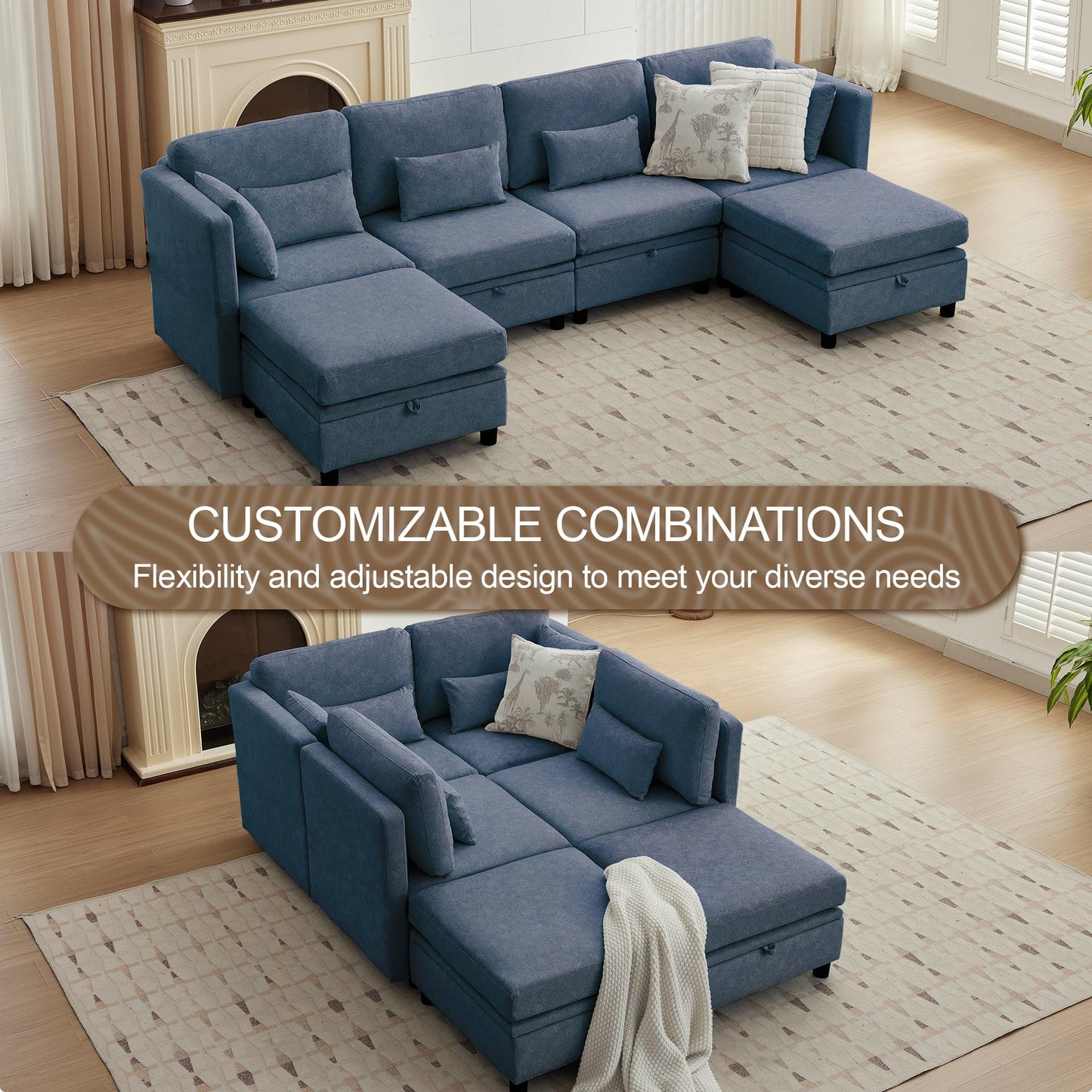 Korser 112" Modular Sectional Sofa with Storage, Sectional Couches for Living Room, Convertible Modular Sofa with Ottomans, U Shaped Comfy Couch with Chaise, Adjustable Backrest, 6 Seats, Blue