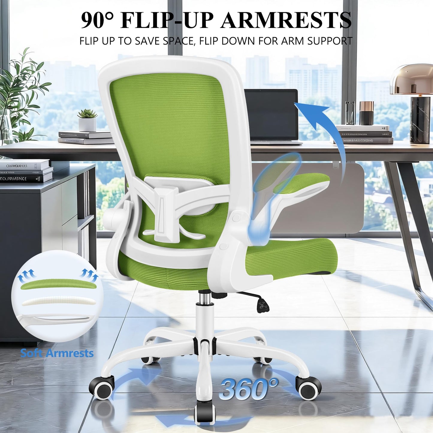 FelixKing Office Chair, Ergonomic Desk Chair Breathable Mesh Chairs Adjustable High Back Lumbar Support Flip-up Armrests, Executive Rolling Swivel Comfy Computer Chairs Home Office Green