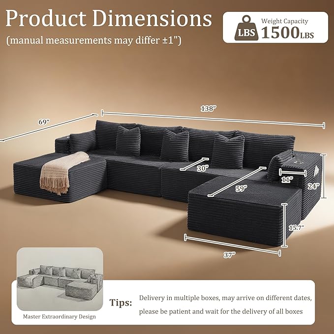 138" Cloud Sectional Couch, Comfort U Shaped Sofa