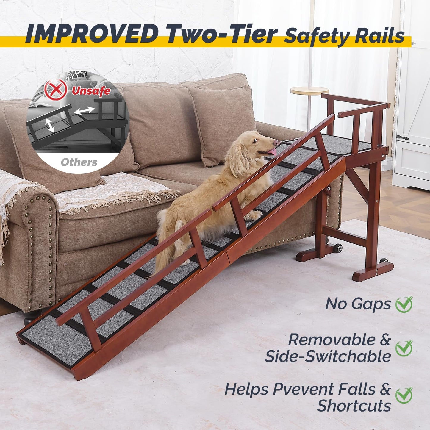 KUVETO Dog Ramp for Bed or Couch, Wooden Pet Ramp with 20° Gentle Slope, Removable Side Rails, Non-Slip Surface, Top Platform & Wheels, Safe Bed Ramp for Small, Large & Senior Dogs, 74" Long, Mahogany