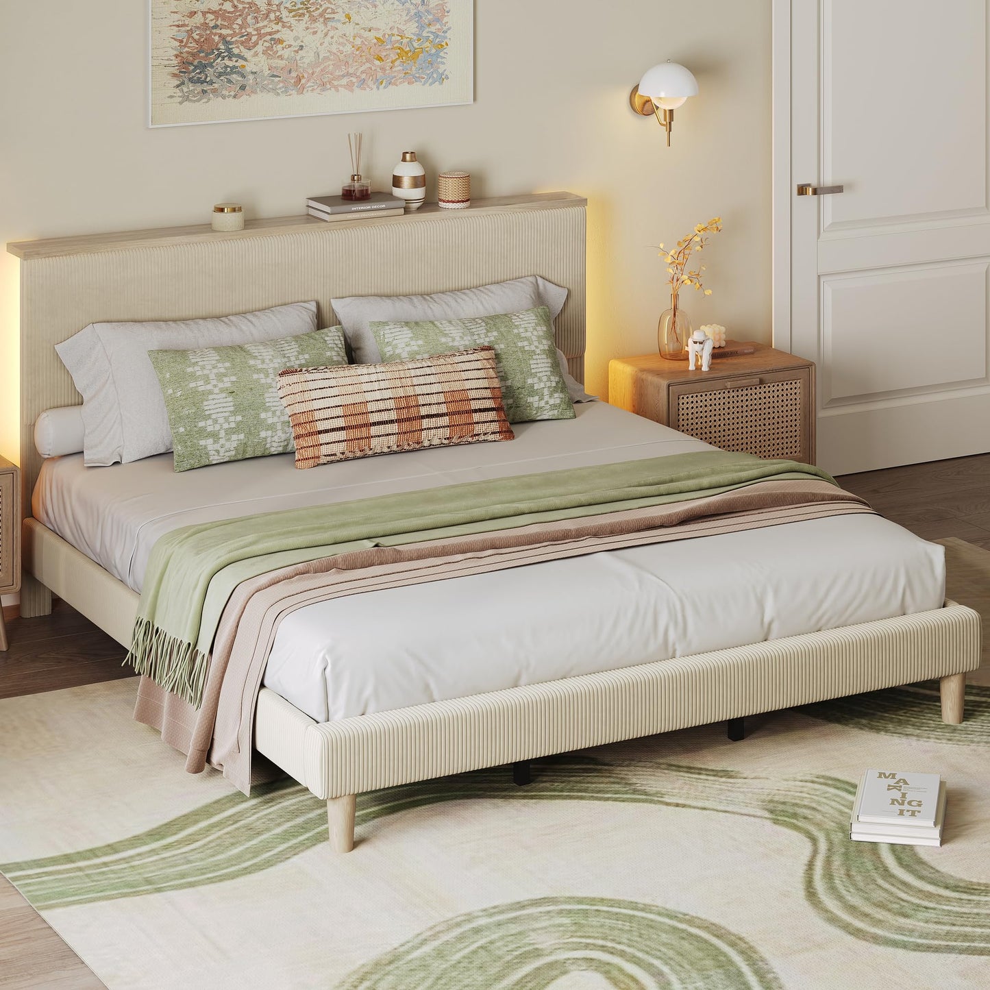 Bestier King Bed Frame with Adjustable Headboard & LEDLighting, Corduroy Upholstered Platform Bed Frame withStorage Shelf, Solid Wood Slats, No Box Spring Needed,Never Squeak, Easy Assembly, Beige