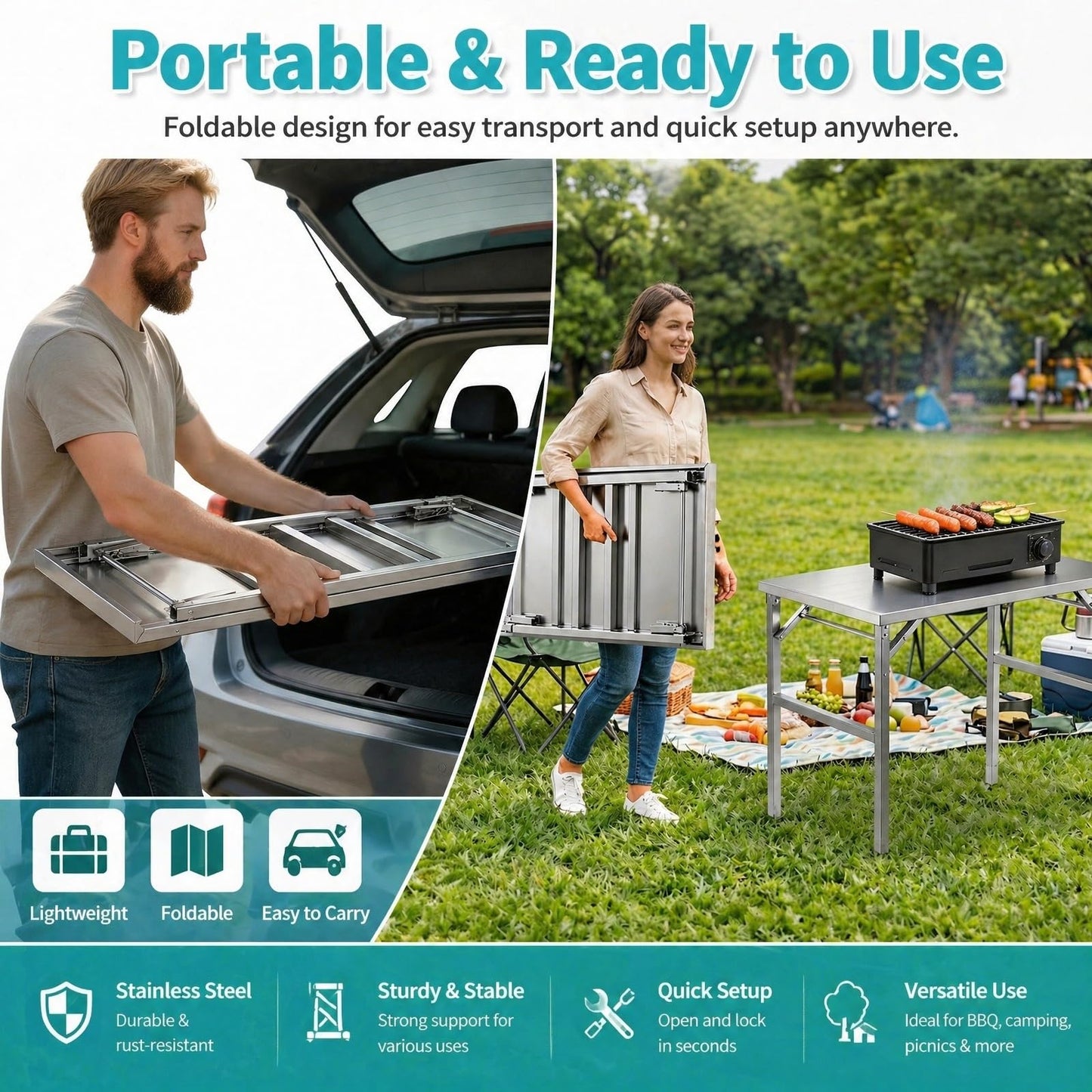 Yixhua Portable Stainless Steel Metal Folding Table 40" x 24" Heavy Duty Kitchen Prep Table No-Assembly Rectangular Stainless Steel Work Table for Kitchen Garage,Workshop,Outdoor BBQ