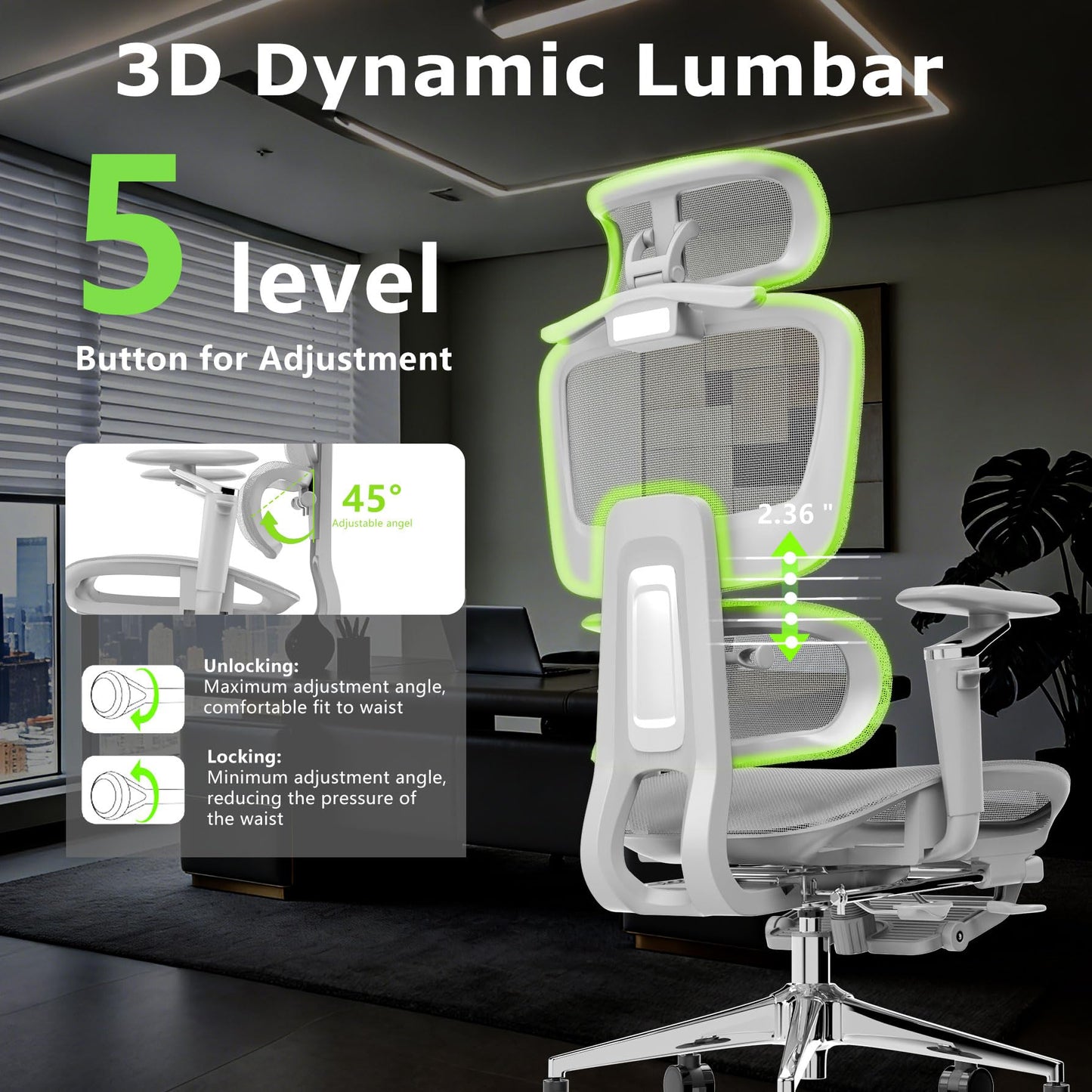 Forzolit Ergonomic Office Chair with Footrest,High Back Mesh Desk Chair,Lumbar Support & 90-135°Recline,3D Headrest & 6D Armrests,Swivel Computer Chair for Home Office, Work & Gaming 1Pack
