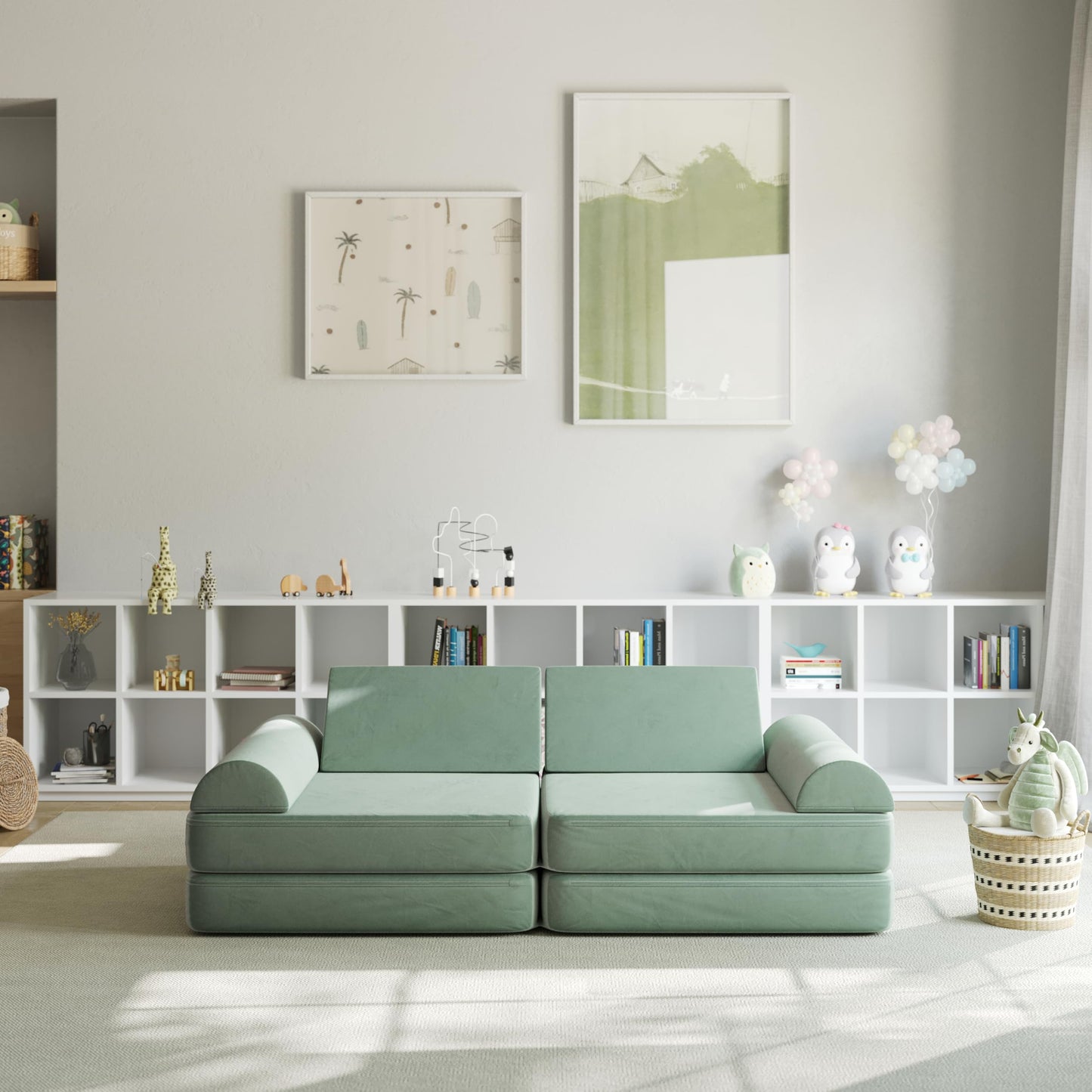 Flash Furniture Marlowe Modular Foam Kids Play Couch, 6 Soft Sectional Sofa Pieces, Convertible Kids Couch, Removable Covers, 56", Sage