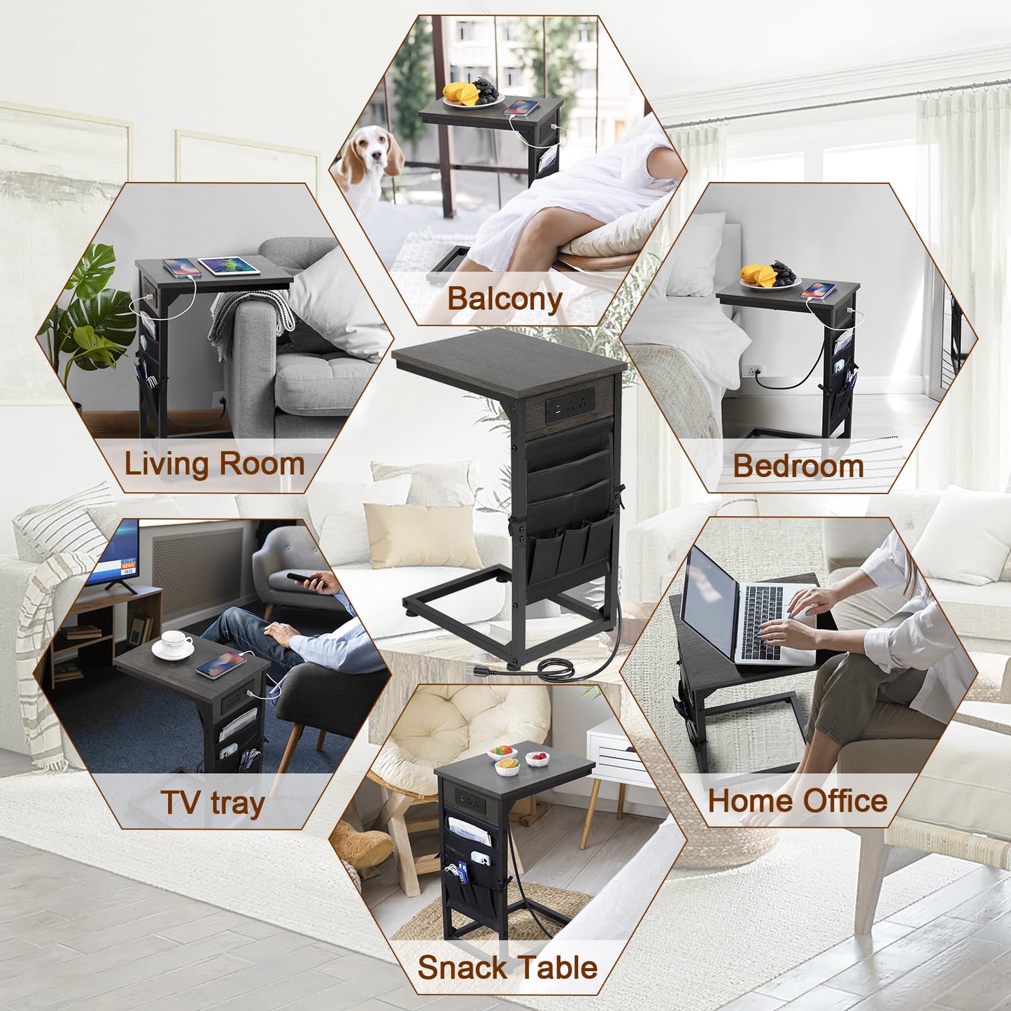 AMHANCIBLE C Shaped End Table with Charging Station, Couch Side Tables that Slide Under Sofa with Storage Bag, Slim TV Tray with USB Ports for Living Room, Bedroom, Dark Grey HET04CDG