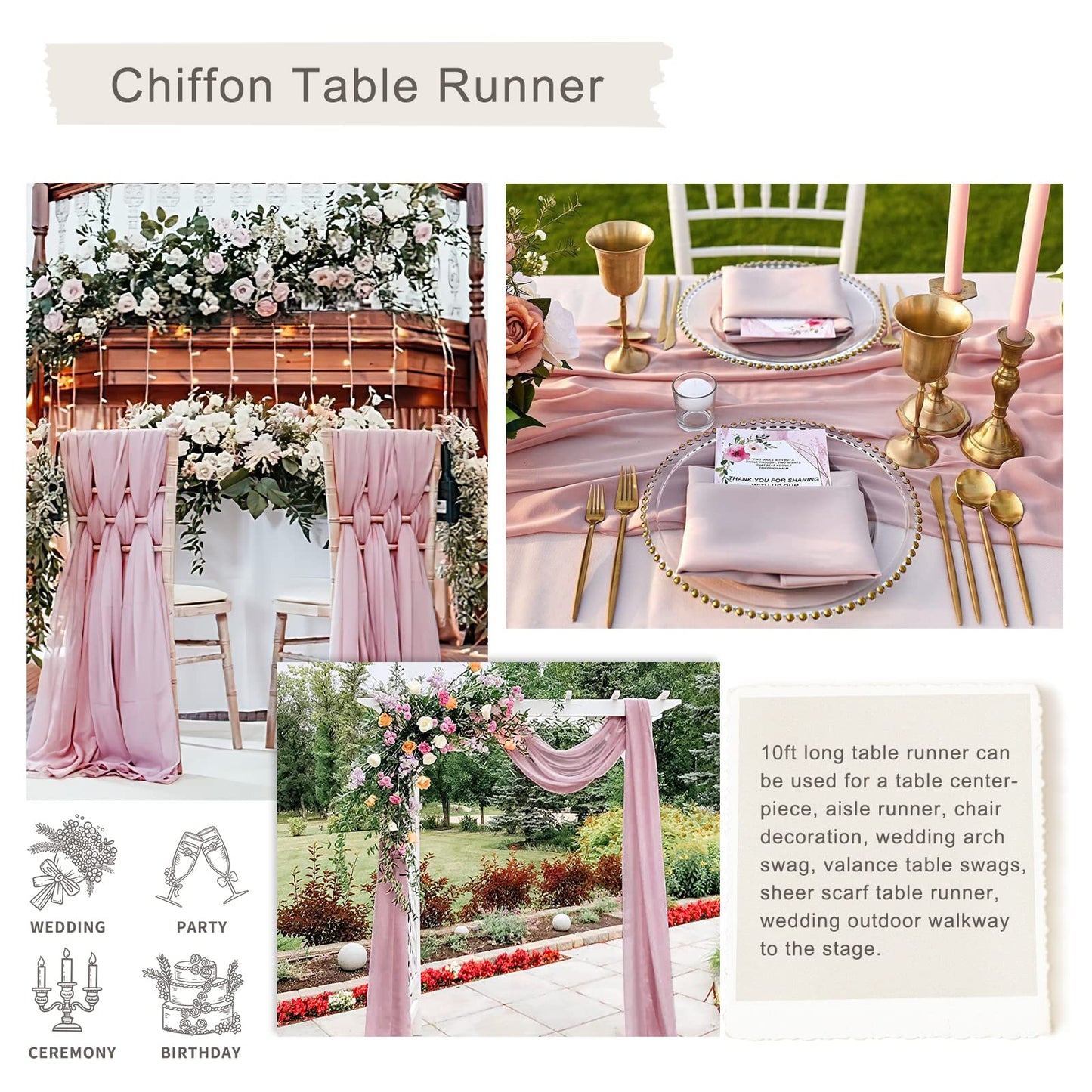 Dusty Rose Chiffon Table Runner 10 Pieces 27x120 Inches Elegant Soft Table Runners for Wedding Reception Table Decoration