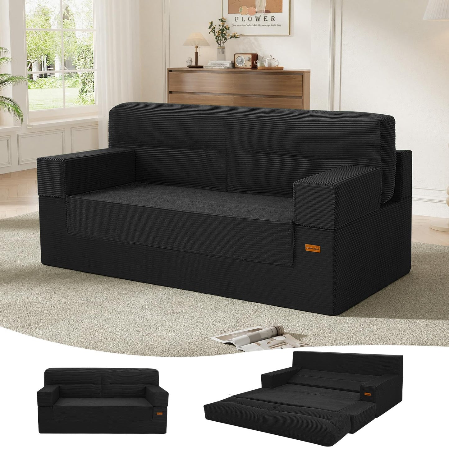 MeMoreCool Queen Sofa Bed, 4-in-1 Pull Out Couch Bed with Wedge Pillow, Boneless Futon Sleeper Loveseat, No Assembly Folding Sofa for Living Room Guest Room, Black Corduroy