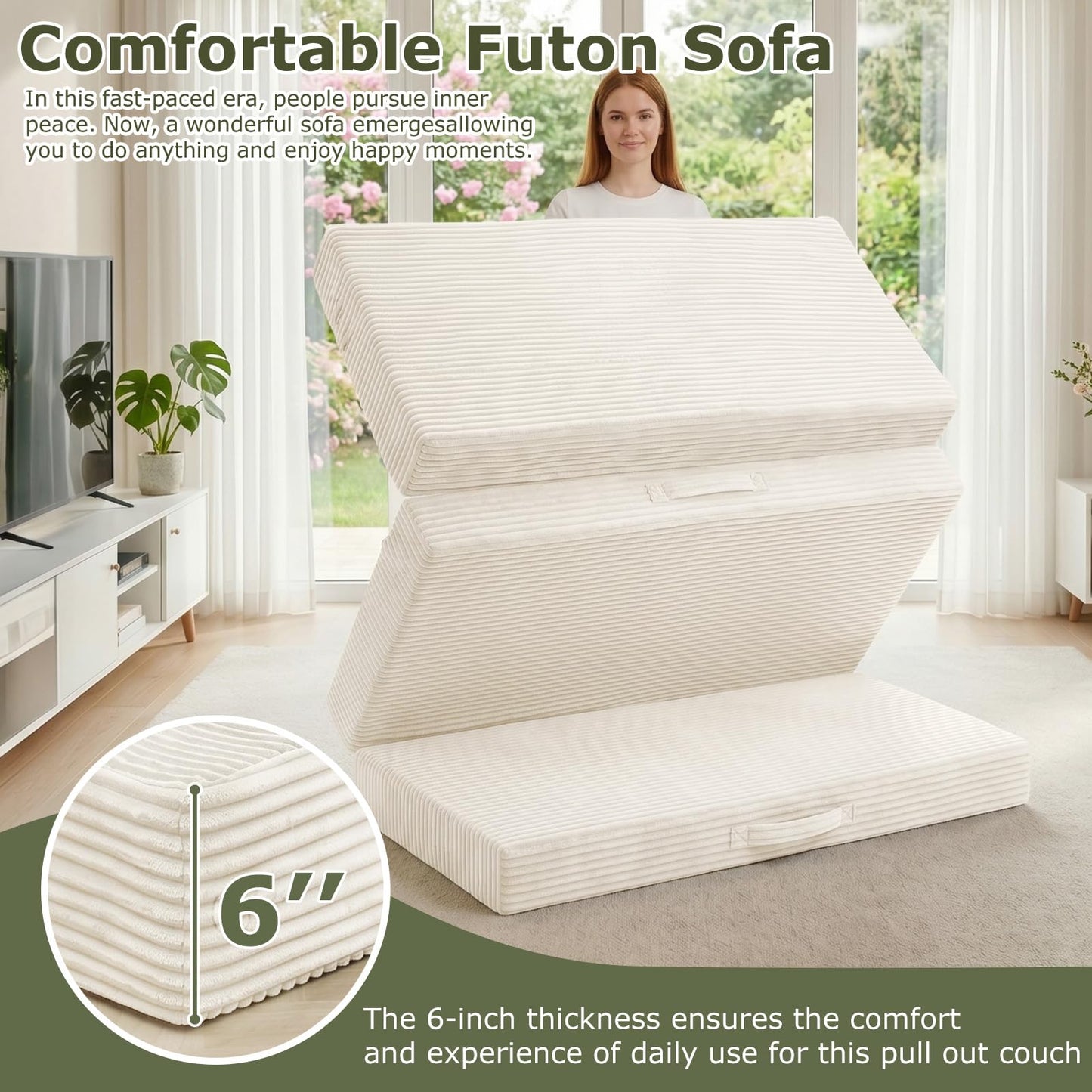 NLDD Convertible Sofa Bed, Boneless Loveseat with Removable Cushions & Washable Corduroy Cover, Futon Sofa Bed with Handle, Pull Out Couch for Small Spaces, Full Size, Beige